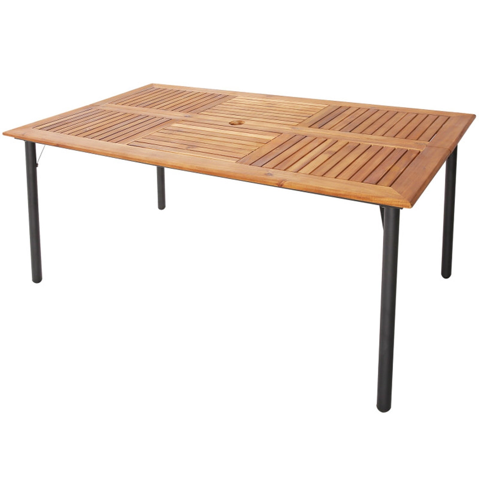 Biotree 63-Inch Patio Acacia Wood Dining Table with Umbrella Hole and Metal Legs, Black