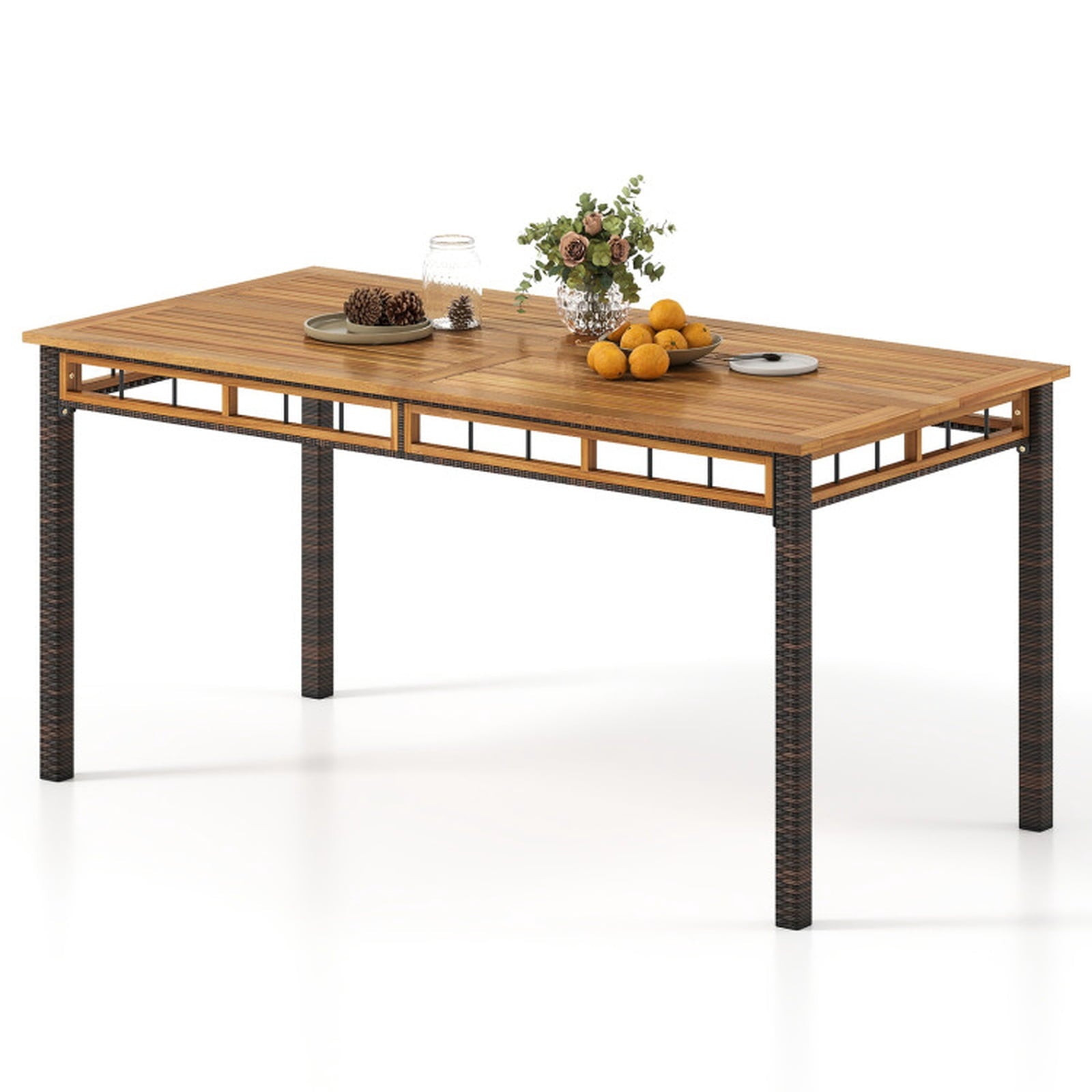 Biotree 63" Outdoor Dining Table with Acacia Wood Slatted Tabletop, Black