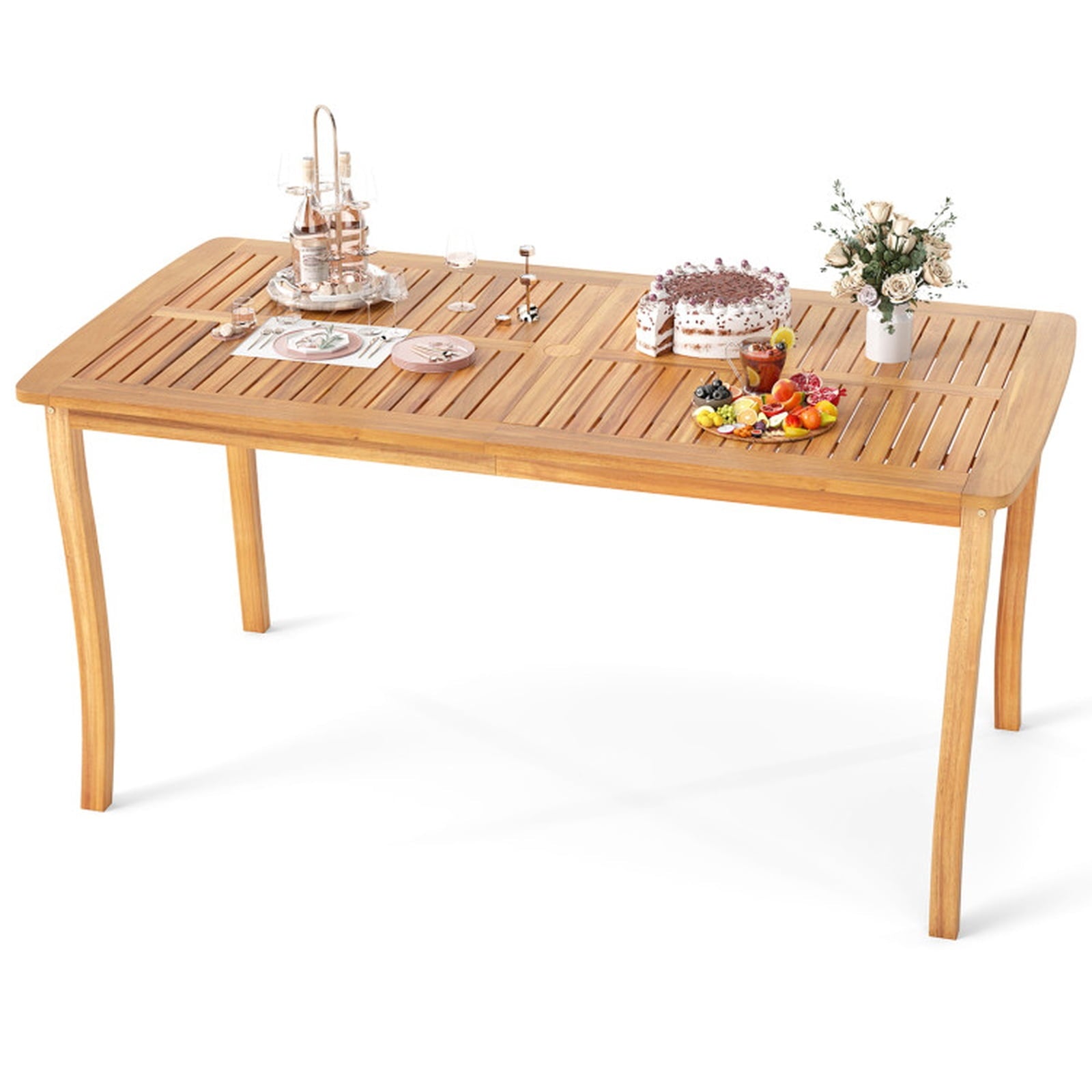 Biotree 63 inch Outdoor Dining Table with Umbrella Hole Farmhouse Bistro Dinette Furniture, Natural