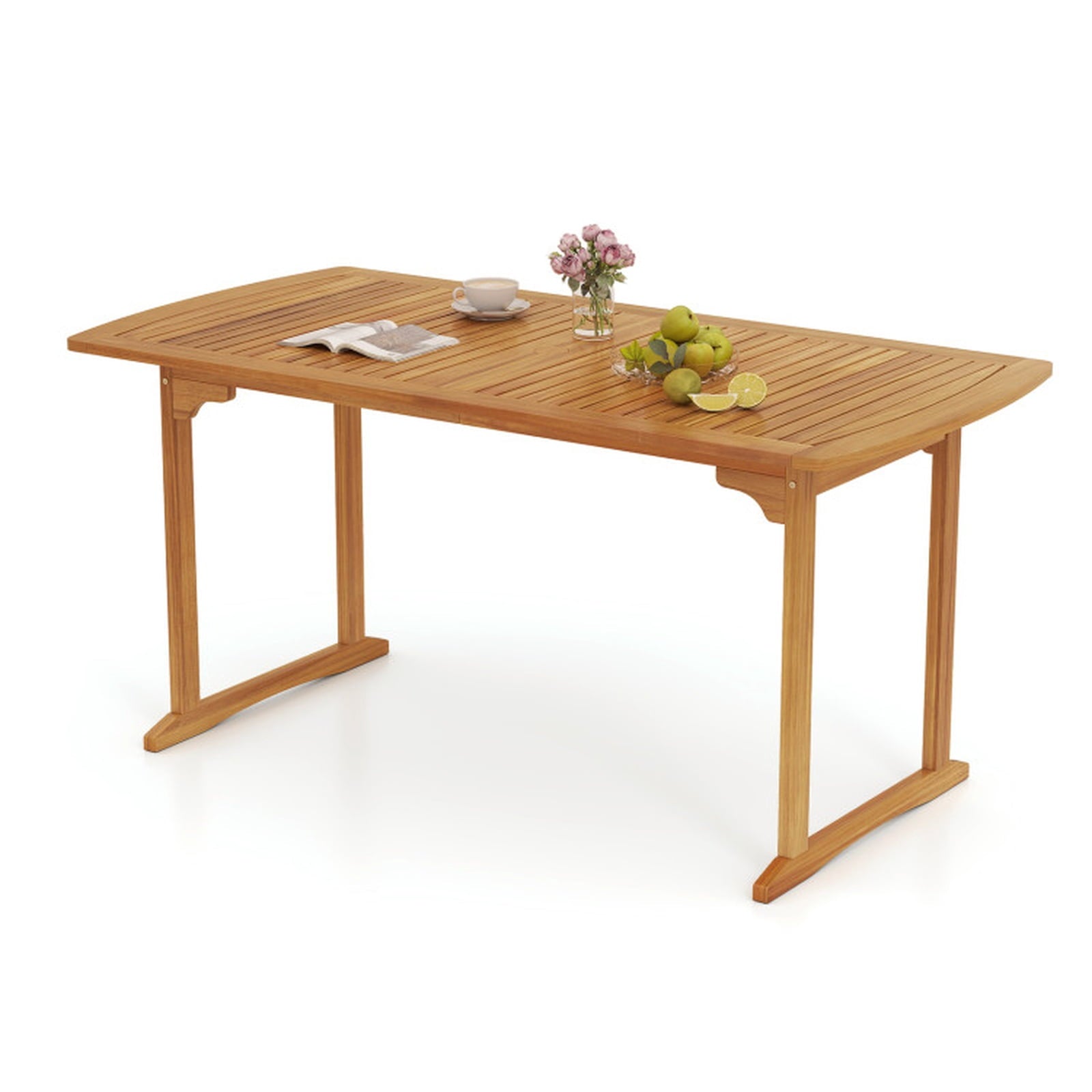 Biotree 63 inch Outdoor Dining Table with Umbrella Hole and Slatted Tabletop, Natural