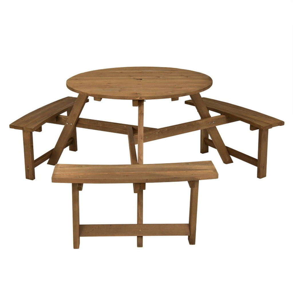 Biotree 65-Inch 6-person Round Wooden Picnic Table with Umbrella Hole and 3 Built-in Benches, Tan