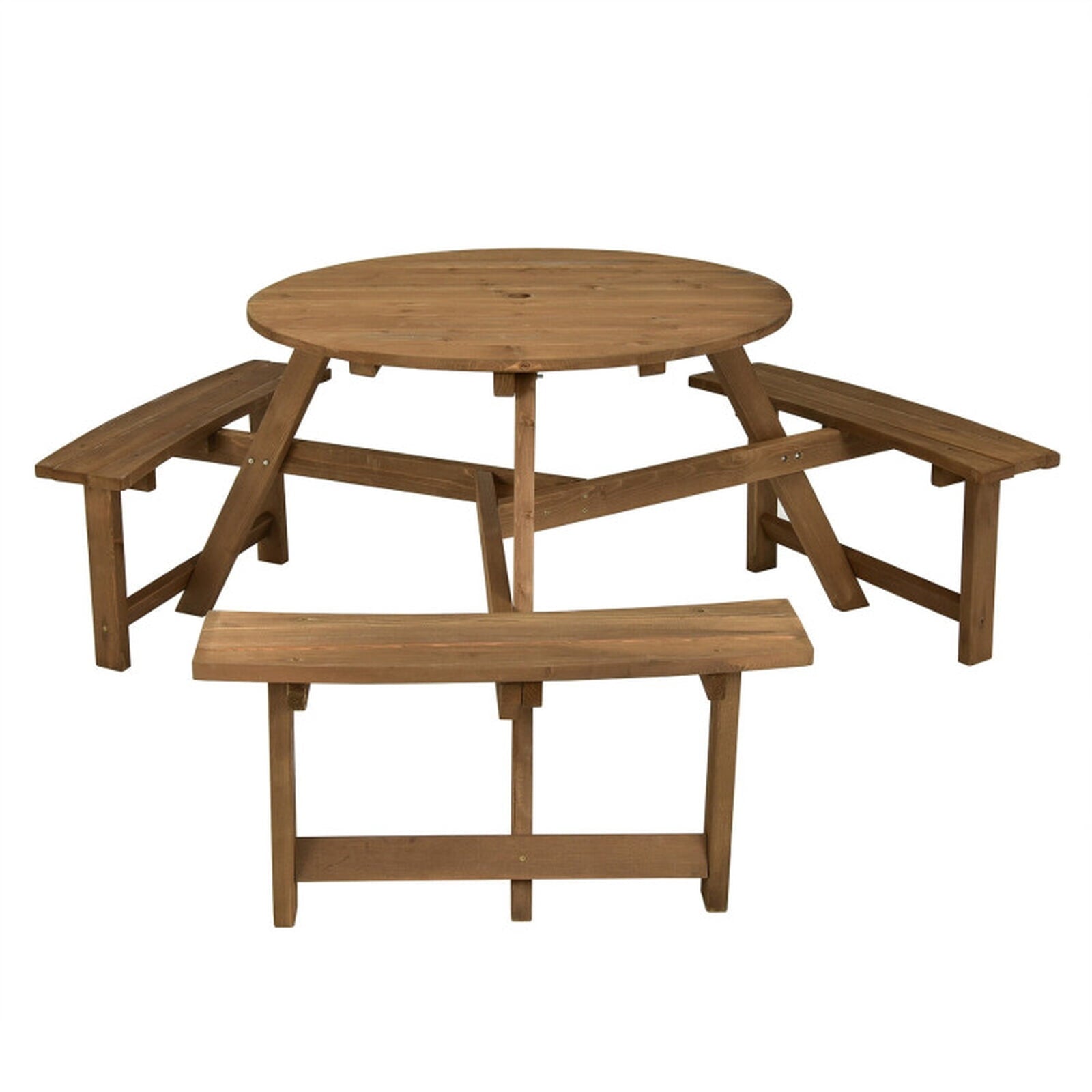Biotree 65-Inch 6-person Round Wooden Picnic Table with Umbrella Hole and 3 Built-in Benches, Tan