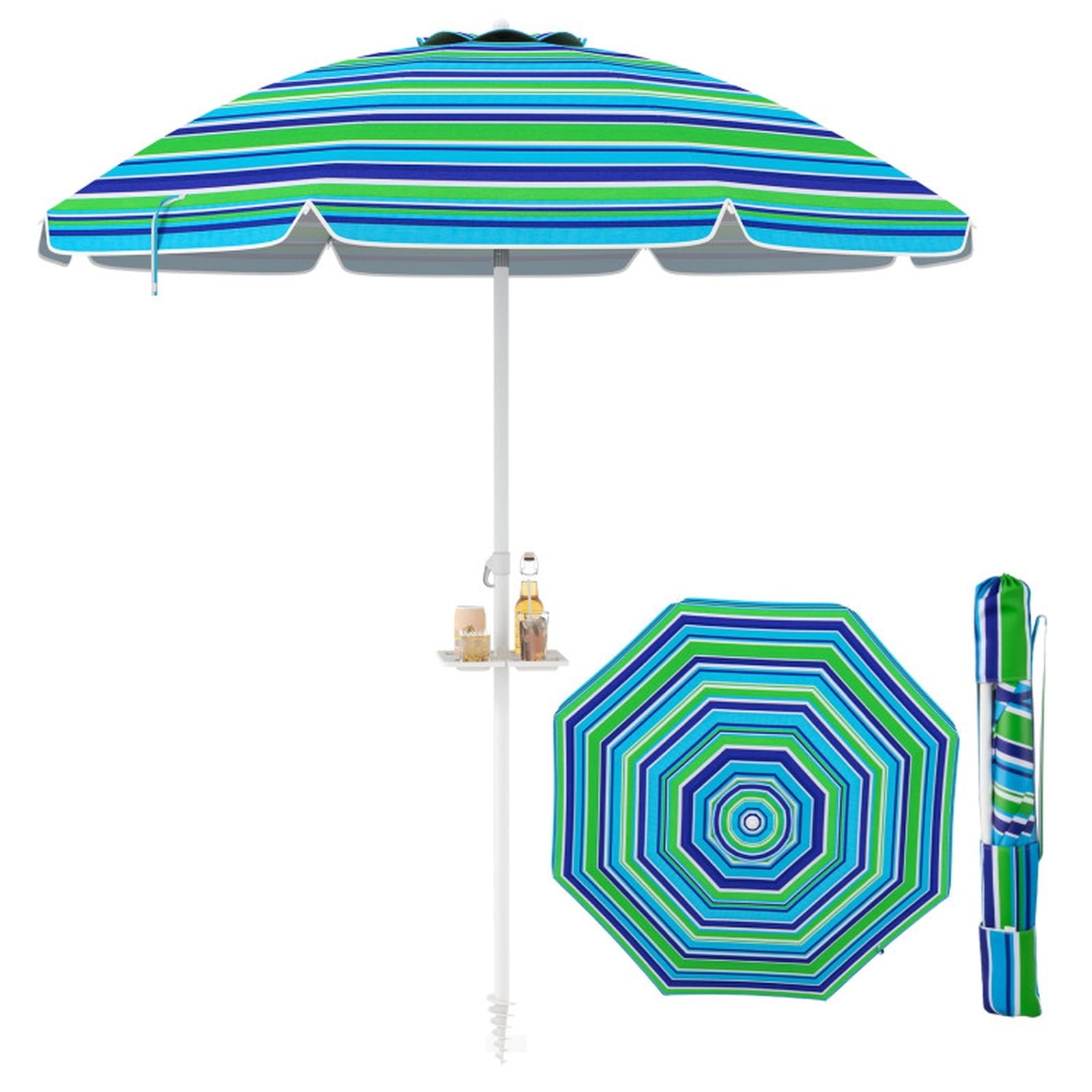 Biotree 7.2 ft Portable Beach Umbrella with Carrying Bag, 8 Ribs, Sand Tilt Mechanism - Green for Backyard
