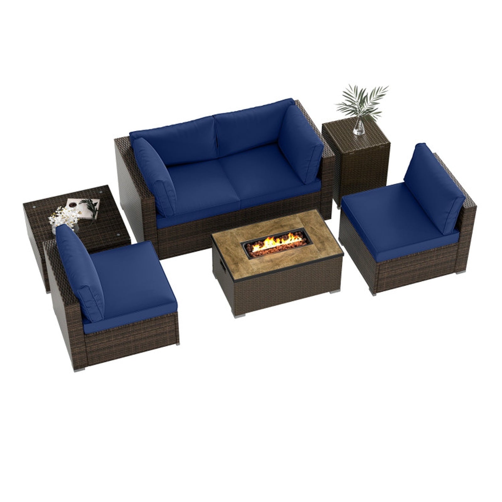 Biotree 7 Pieces Outdoor Furniture Set with 32 Inch Fire Pit Table and Propane Tank Cover Outdoor Conversation Set for Garden Backyard PorchNavy