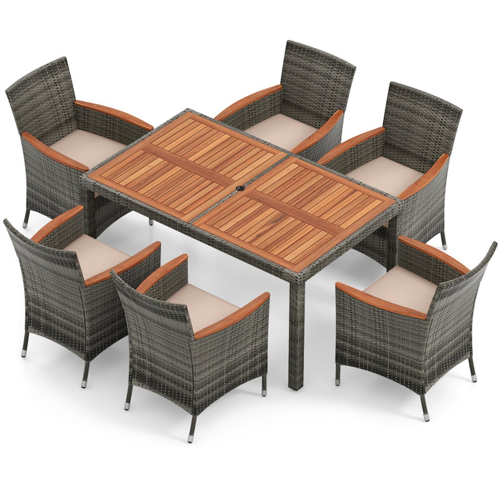 Biotree 7 Pieces Patio Acacia Wood Cushioned PE Rattan Wicker Dining Set Outdoor Conversation Set for Garden Backyard PorchGray