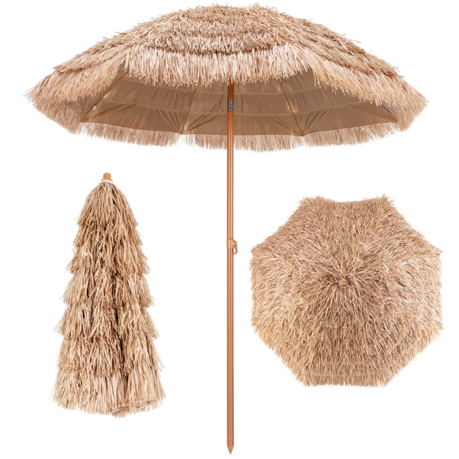 Biotree 7 ft Thatched Tiki Patio Umbrella Crank Tilt Outdoor Shade - Natural - UV Protection with Cross Base