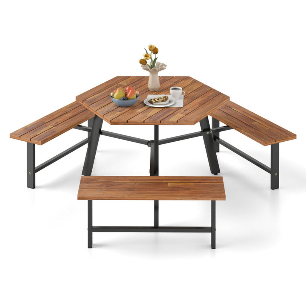 Biotree 75-Inch 6 Person Acacia Wood Picnic Table Bench Set with 3 Seats with 1.97" Umbrella Hole, Black