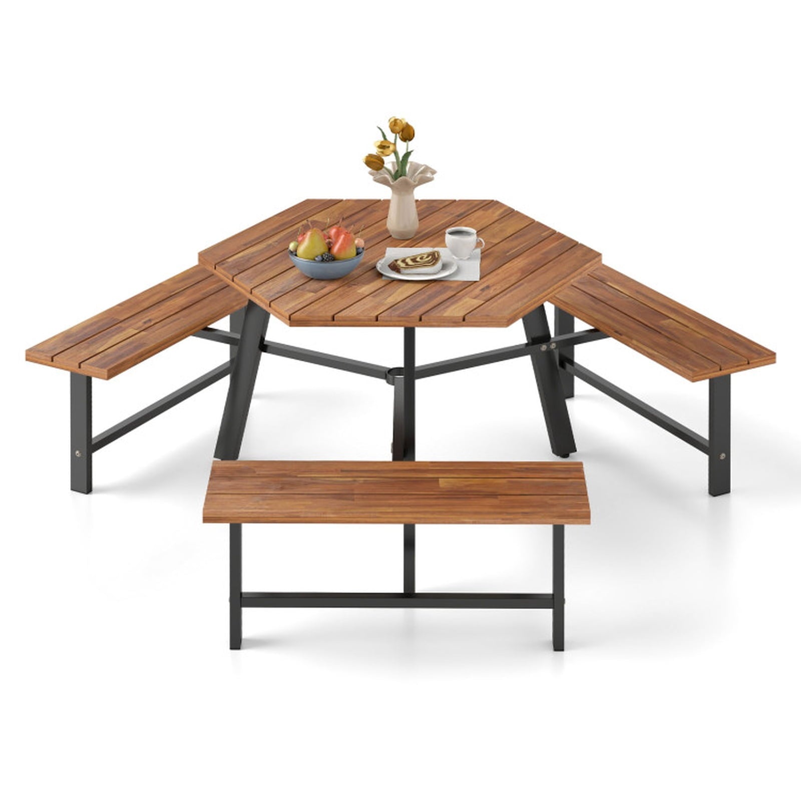 Biotree 75-Inch 6 Person Acacia Wood Picnic Table Bench Set with 3 Seats with 1.97" Umbrella Hole, Black