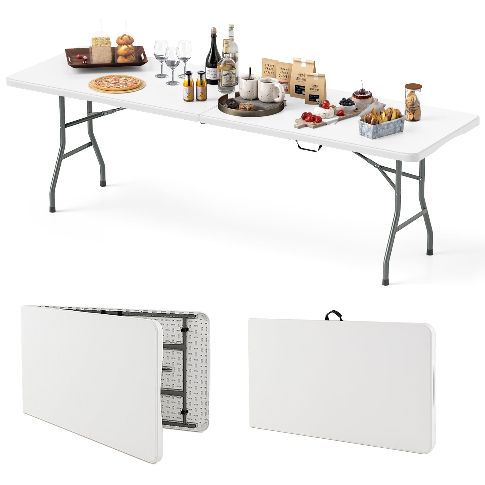 Biotree 8 ft Portable Folding Table 350 LBS Fold in Half Table with HDPE Tabletop, White