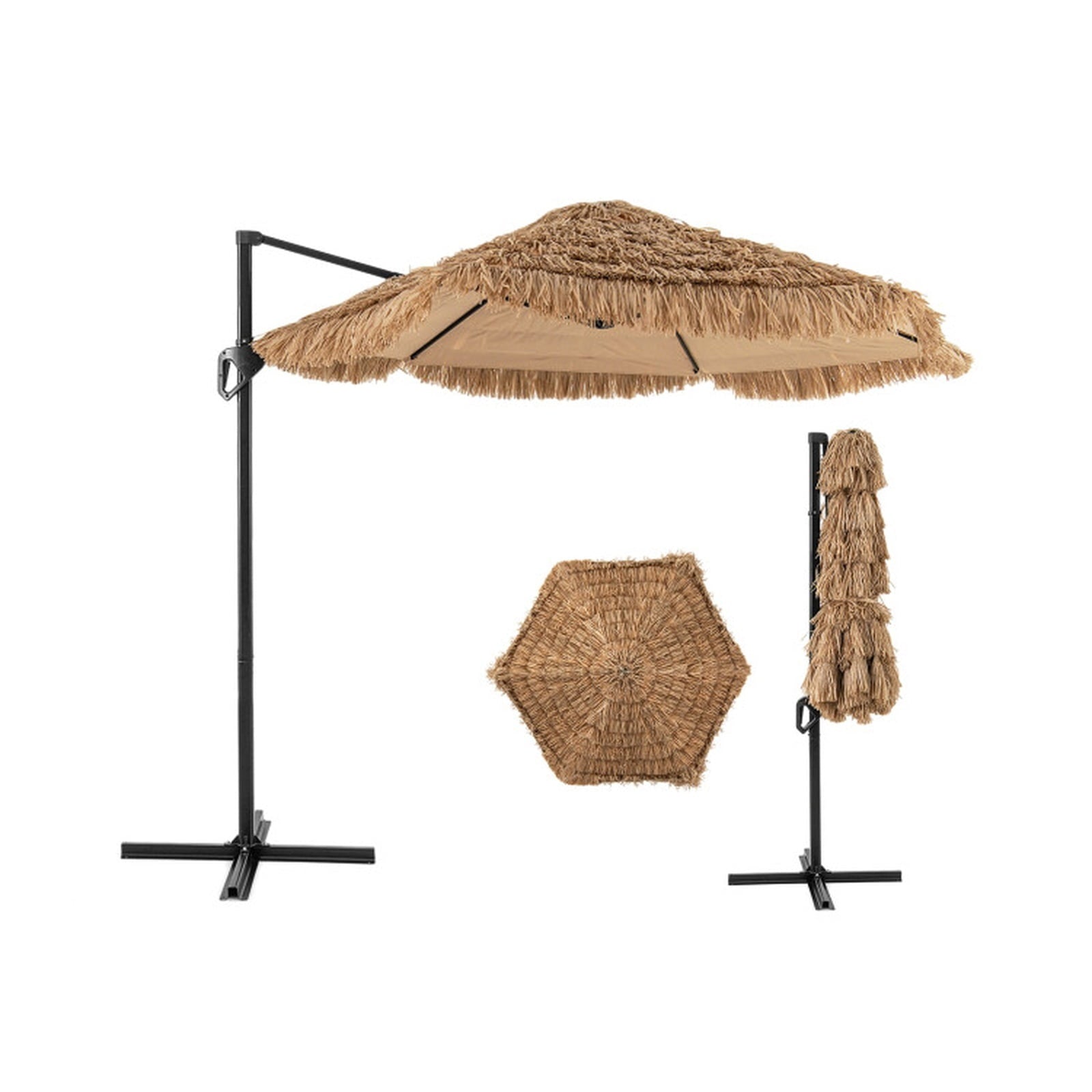 Biotree 9.5 ft Cantilever Patio Umbrella Offset Hanging with Cross Base, 8 Ribs - Natural for Backyard