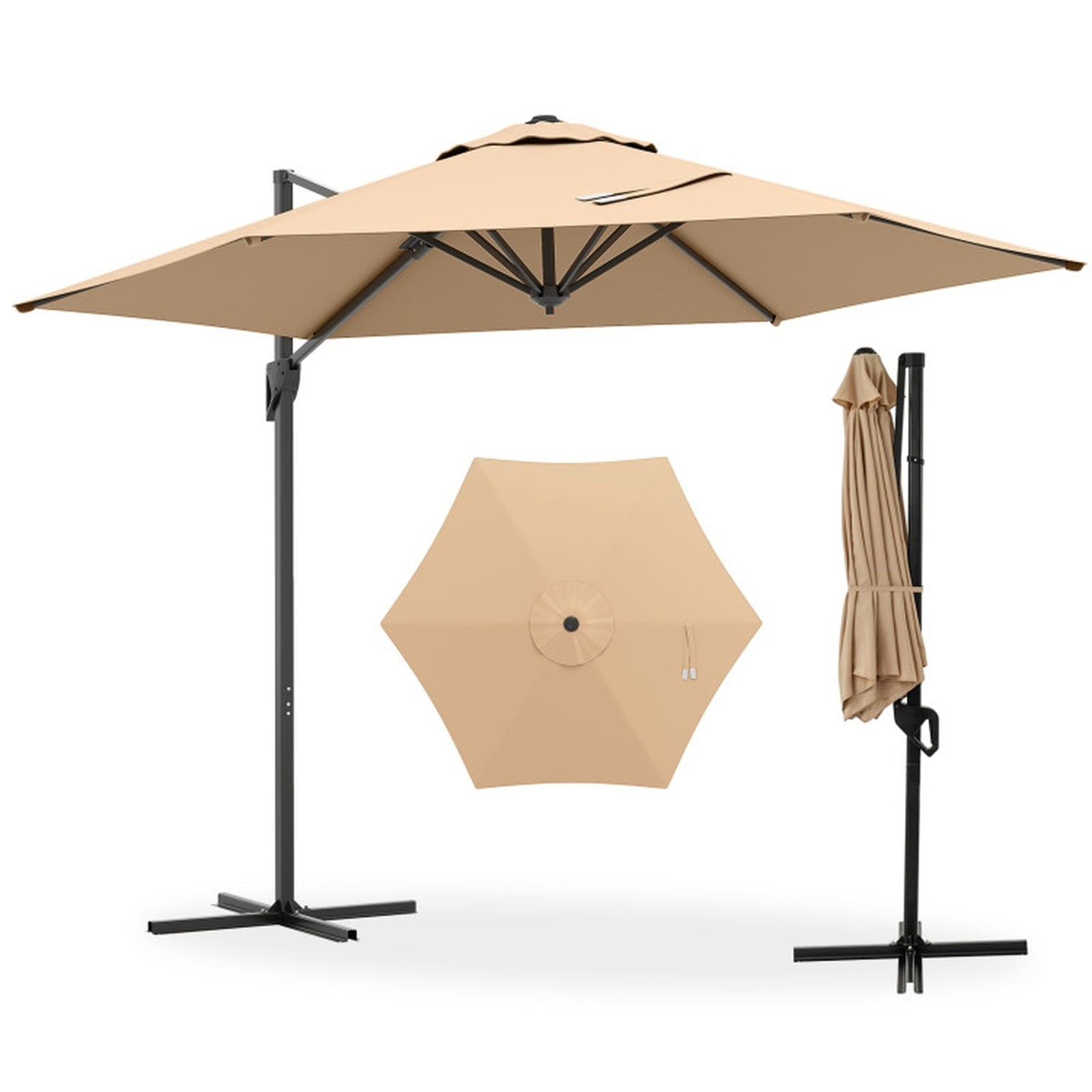 Biotree 9 ft Cantilever Patio Umbrella Offset Hanging with Cross Base, 8 Ribs - Beige for Backyard Garden Poolside