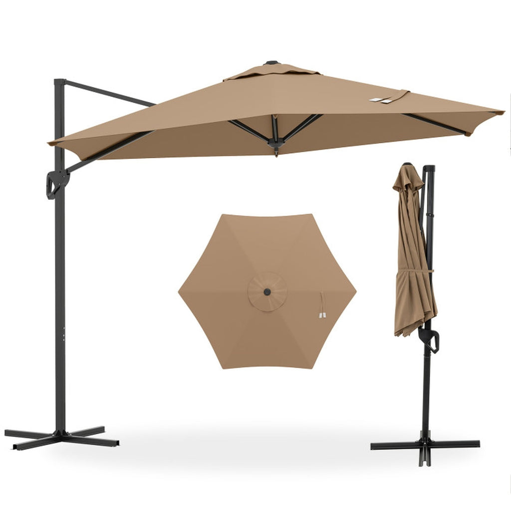 Biotree 9 ft Cantilever Patio Umbrella Offset Hanging with Cross Base, 8 Ribs - Brown for Backyard Garden Poolside