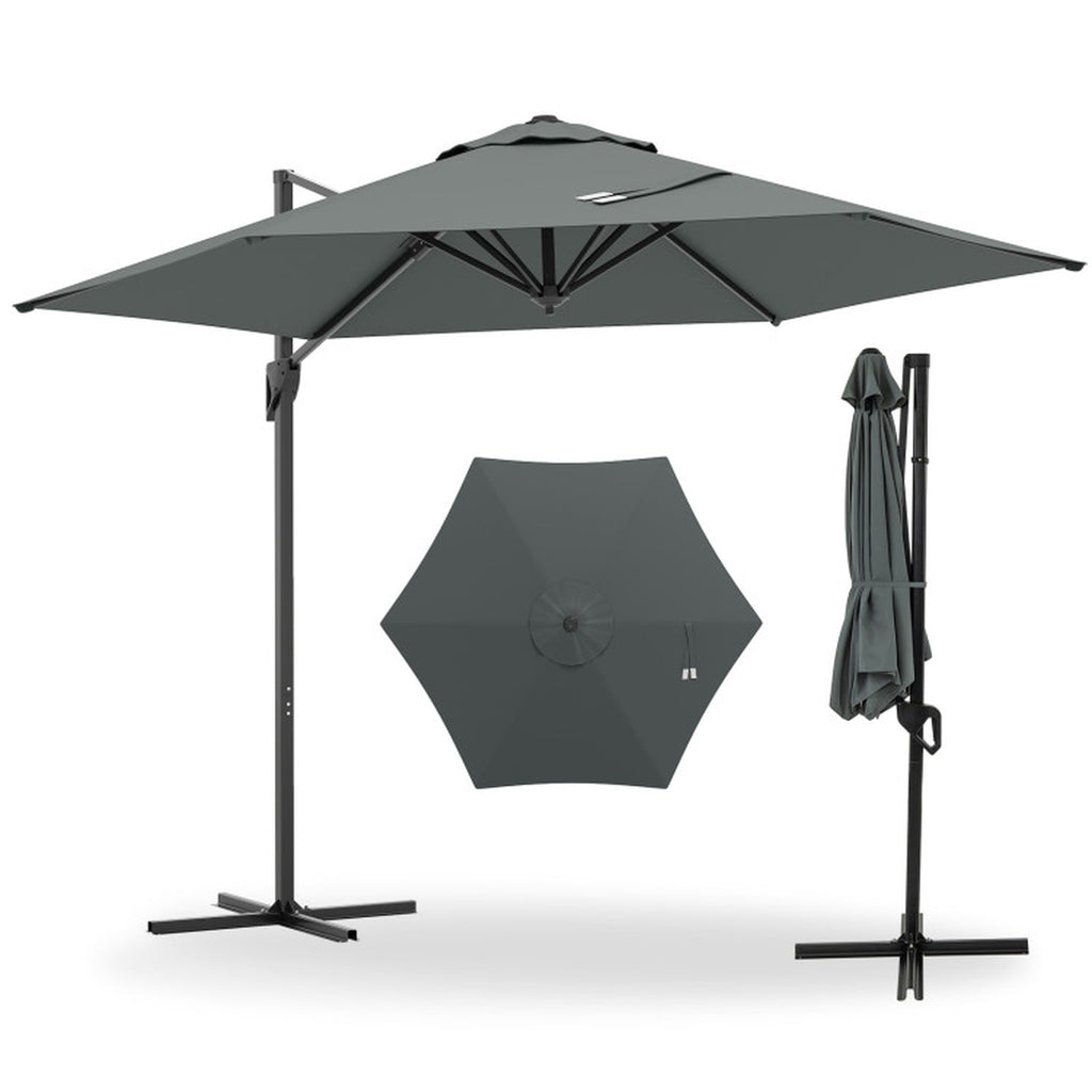 Biotree 9 ft Cantilever Patio Umbrella Offset Hanging with Cross Base, 8 Ribs - Gray for Backyard Garden Poolside