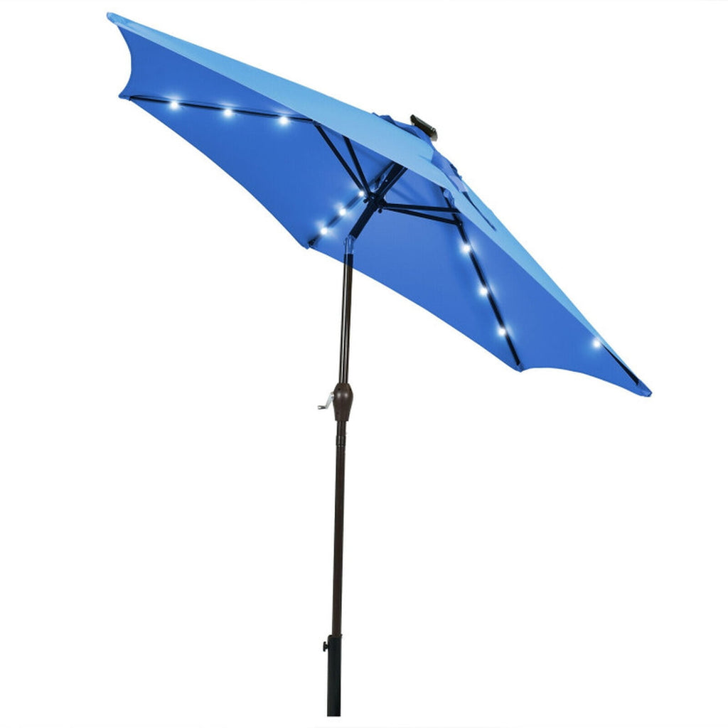 Biotree 9 ft Solar LED Market Patio Umbrella with Crank and Tilt, 6 Sturdy Ribs, Vented Canopy - Navy Blue