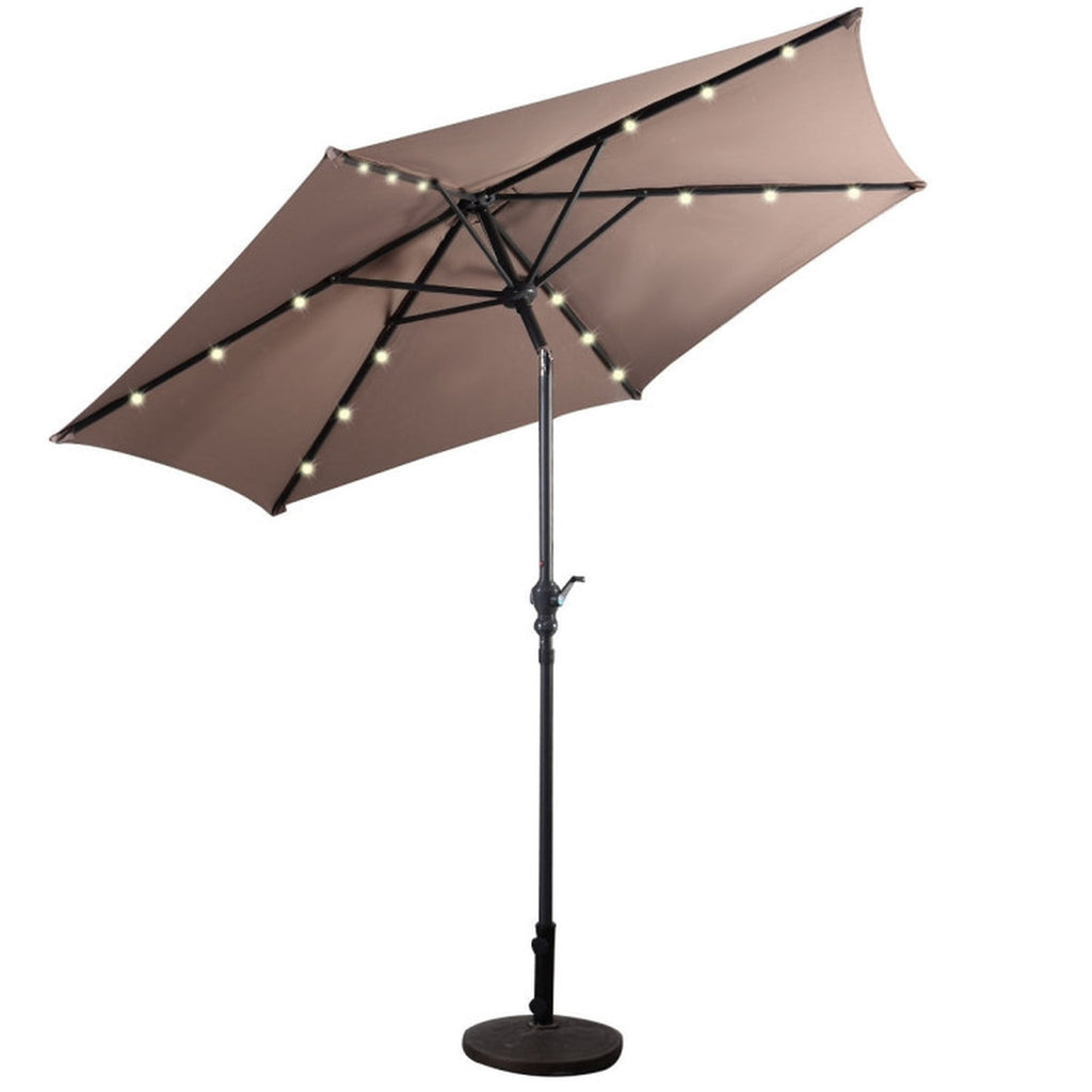 Biotree 9 ft Solar LED Market Patio Umbrella with Crank and Tilt, 6 Sturdy Ribs, Vented Canopy - Tan