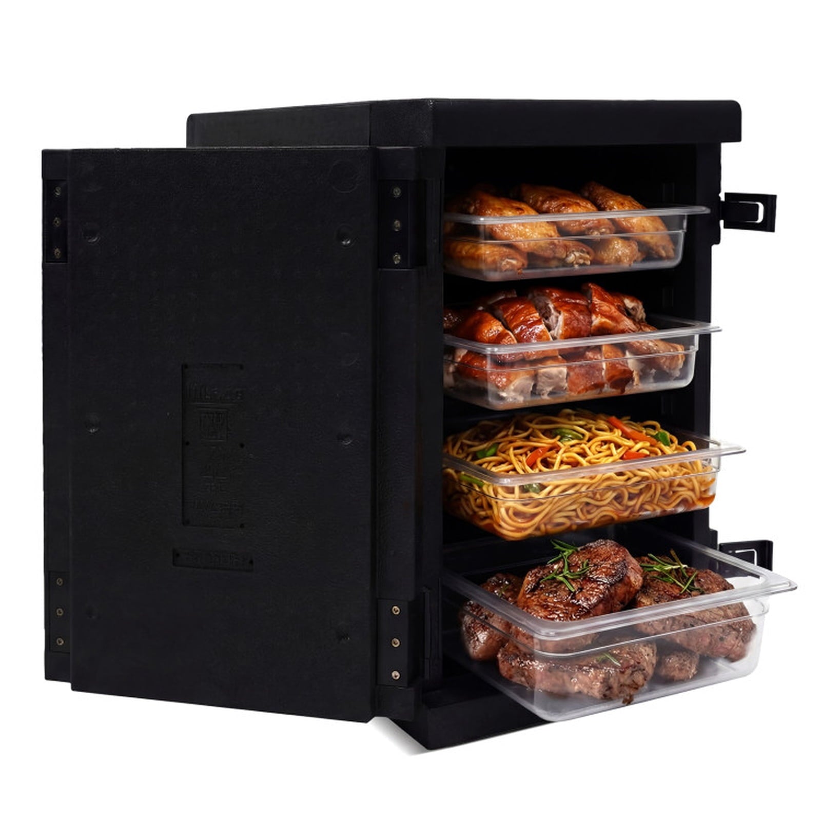 Biotree 91 Qt Insulated Food Pan Carrier with Safety Buckles and Shelf Dividers, Black