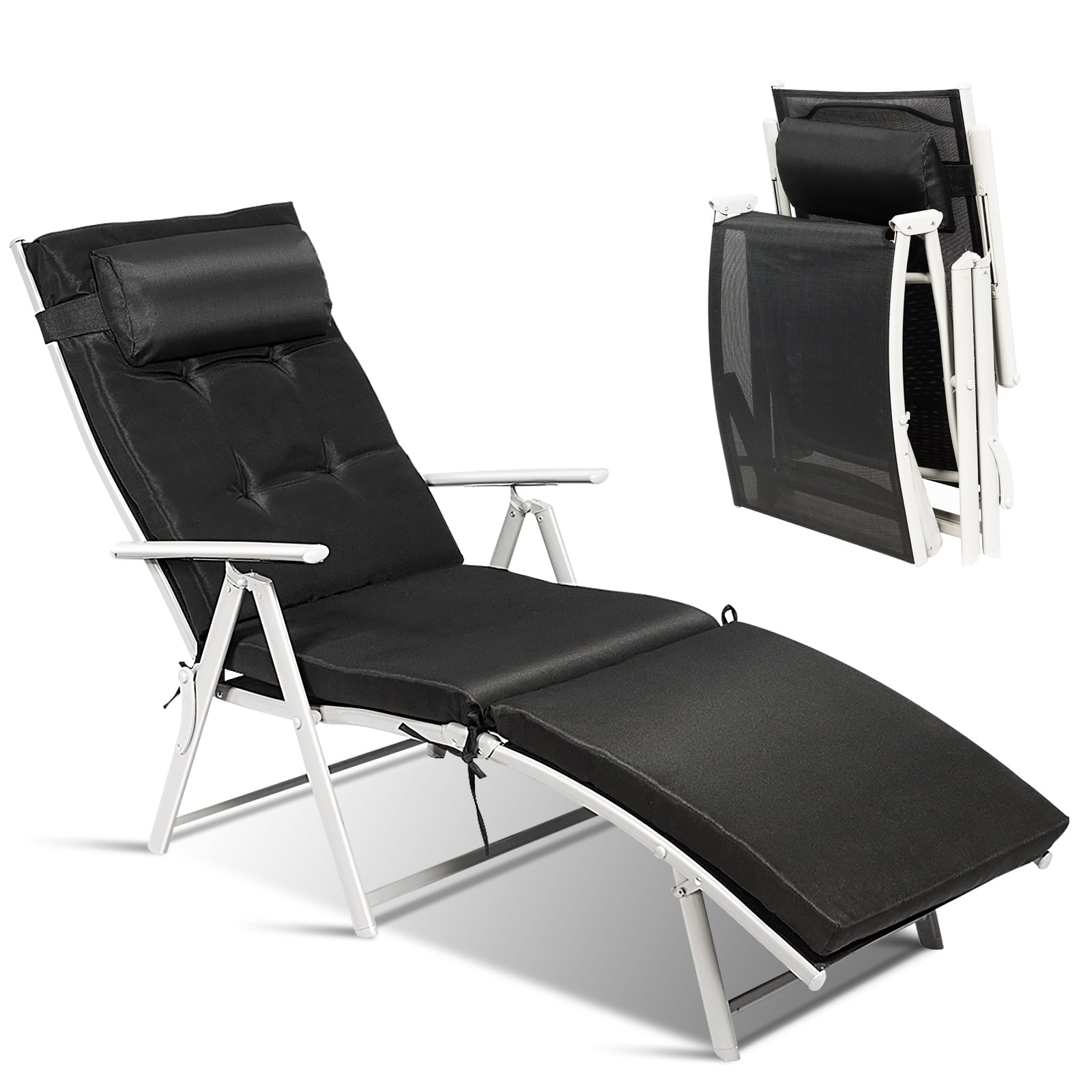 Biotree Adjustable Folding Chaise Lounge Chair with Pillow-Black