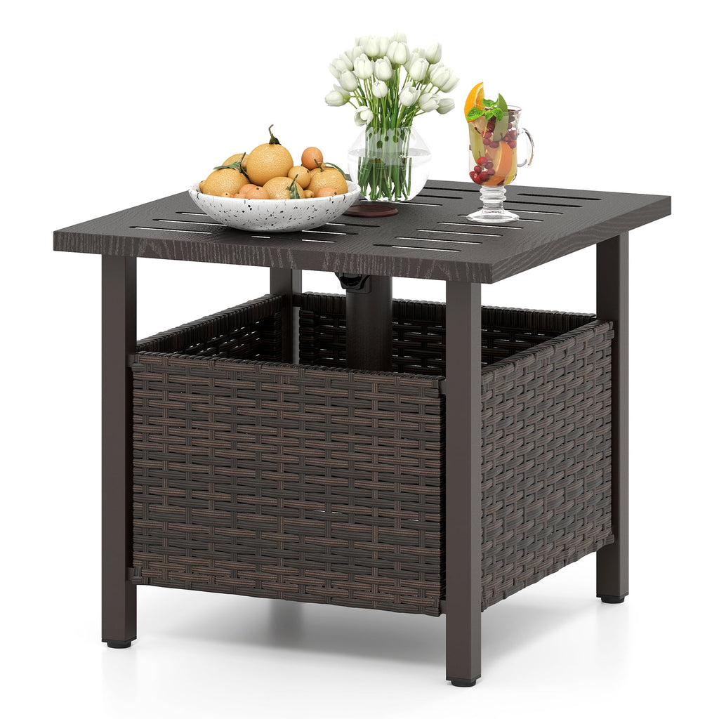 Biotree All-Weather PE Wicker Side Table with Umbrella Hole-Brown