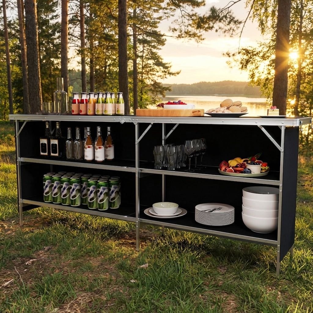 Biotree Aluminum Portable Folding Picnic Table with 2-Tier Open Shelves for Camping and Outdoor Dining, Black