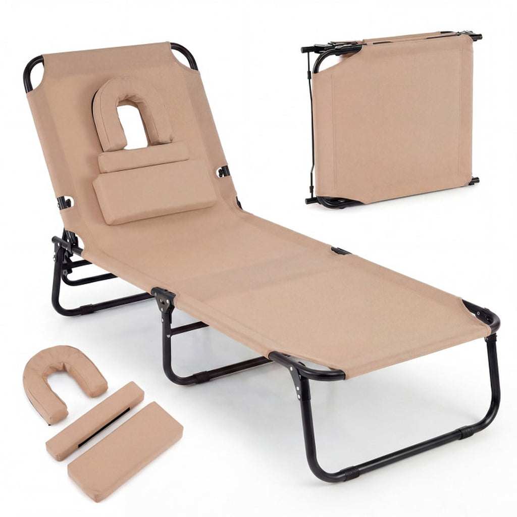 Biotree Beach Chaise Lounge Chair with Face Hole and Removable Pillow Stackable Patio Chair for Garden BackyardBeige