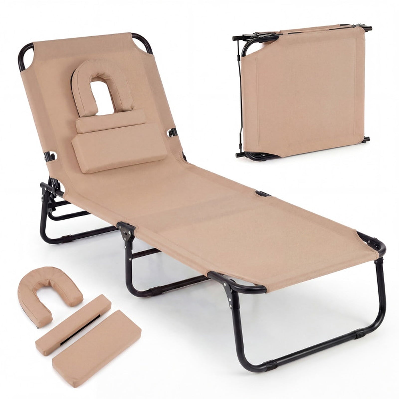 Biotree Beach Chaise Lounge Chair with Face Hole and Removable Pillow Stackable Patio Chair for Garden BackyardBeige
