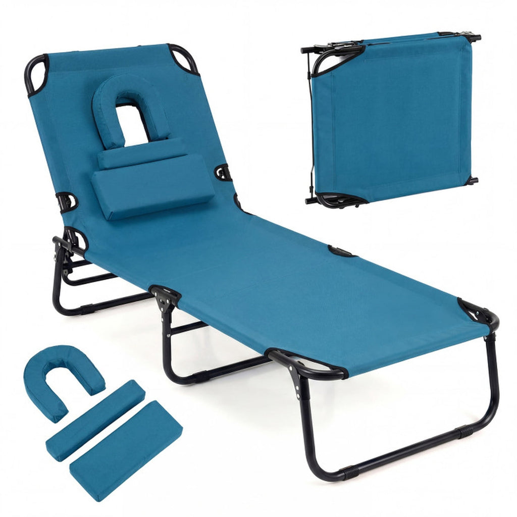 Biotree Beach Chaise Lounge Chair with Face Hole and Removable Pillow Stackable Patio Chair for Garden BackyardBlue