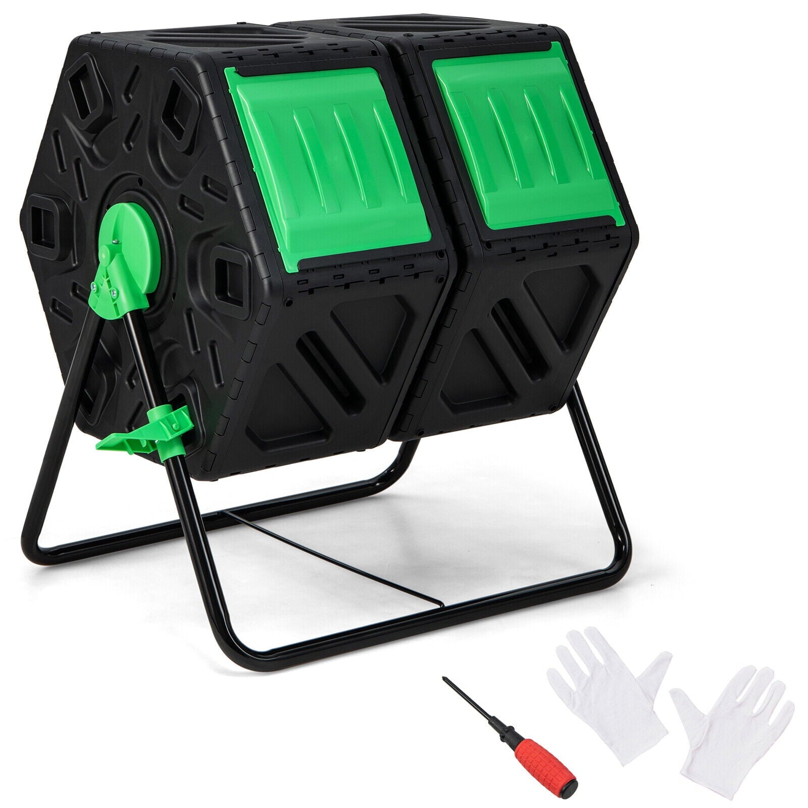 Biotree Dual Chamber Garden Compost Tumbler with Sliding Doors-Black and Green Outdoor Organic Yard Waste