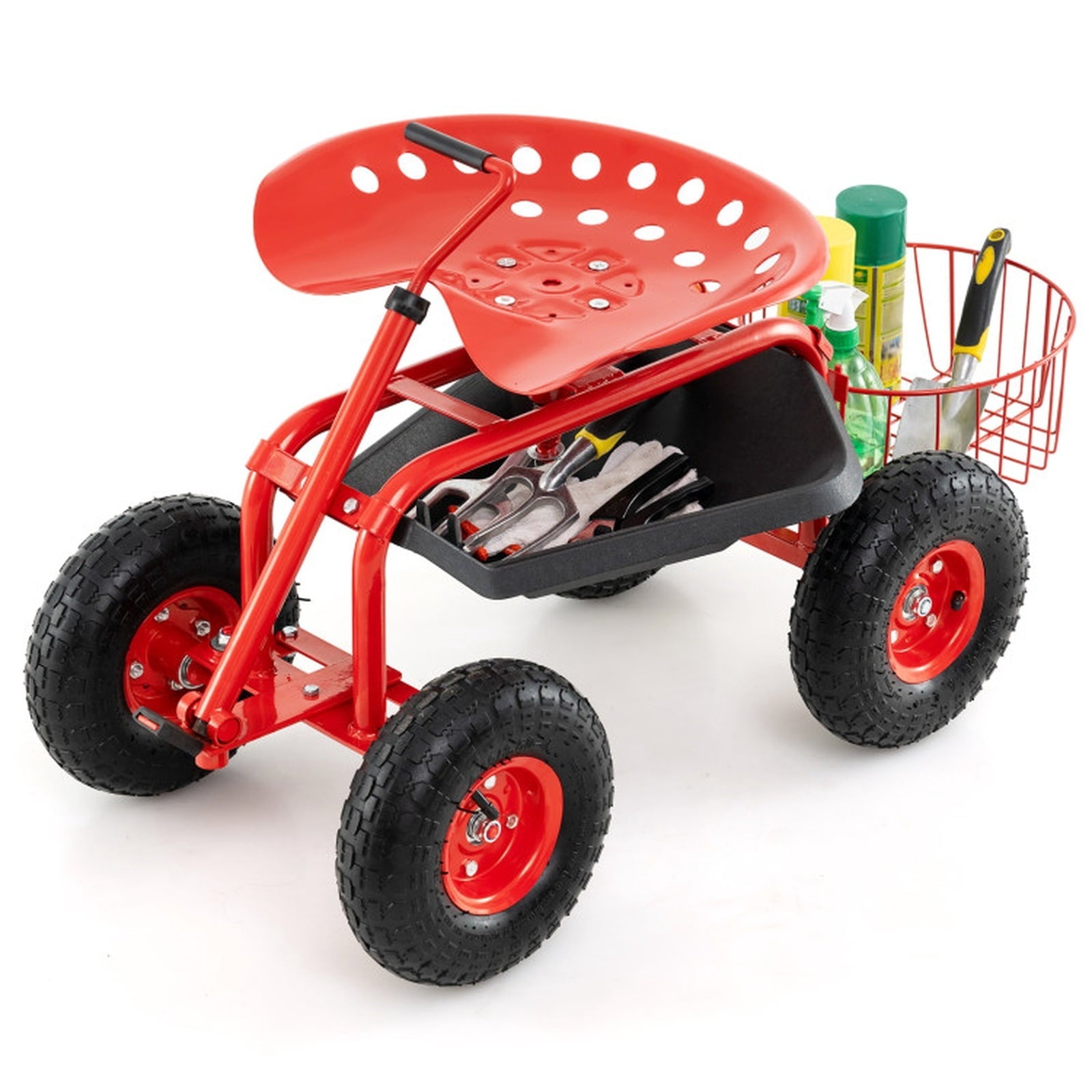 Biotree Extendable Handle Garden Cart Rolling Wagon Scooter for Garden Yard Lawn Work Outdoor, Red