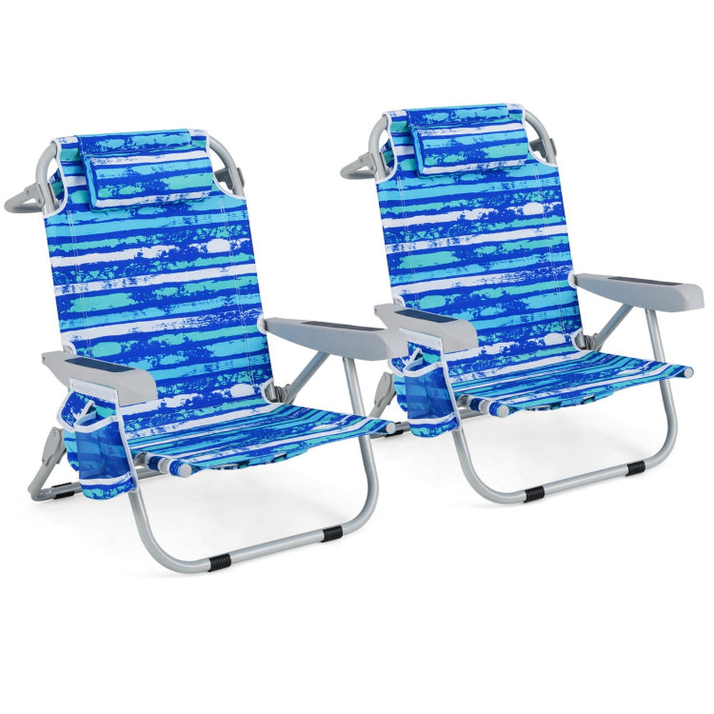 Biotree Foldable Backpack Beach Chair with Cup Holder and Storage Pockets Set of 2 Stackable Patio Chair for Garden BackyardNavy