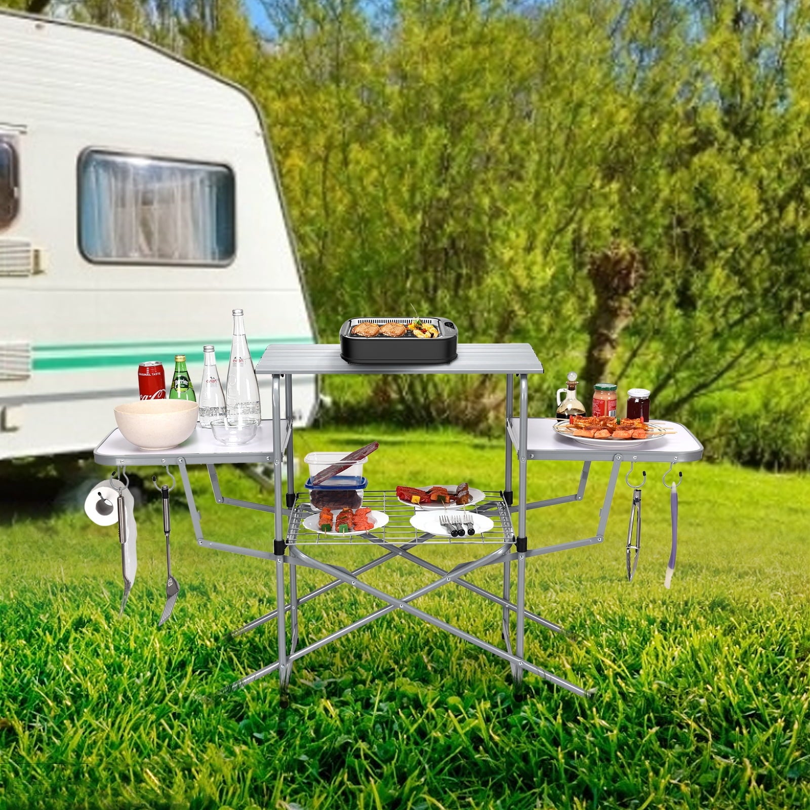 Biotree Foldable Outdoor BBQ Table Grilling Stand Portable Camping Grill Table with Storage Shelf for Outdoor Cooking, Black