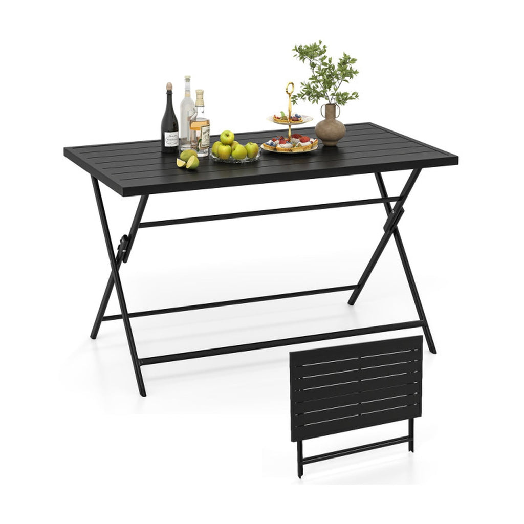 Biotree Foldable Outdoor Dining Table 48inch x 30inch Rectangular Metal Patio Table with Slatted Tabletop, Dark Brown