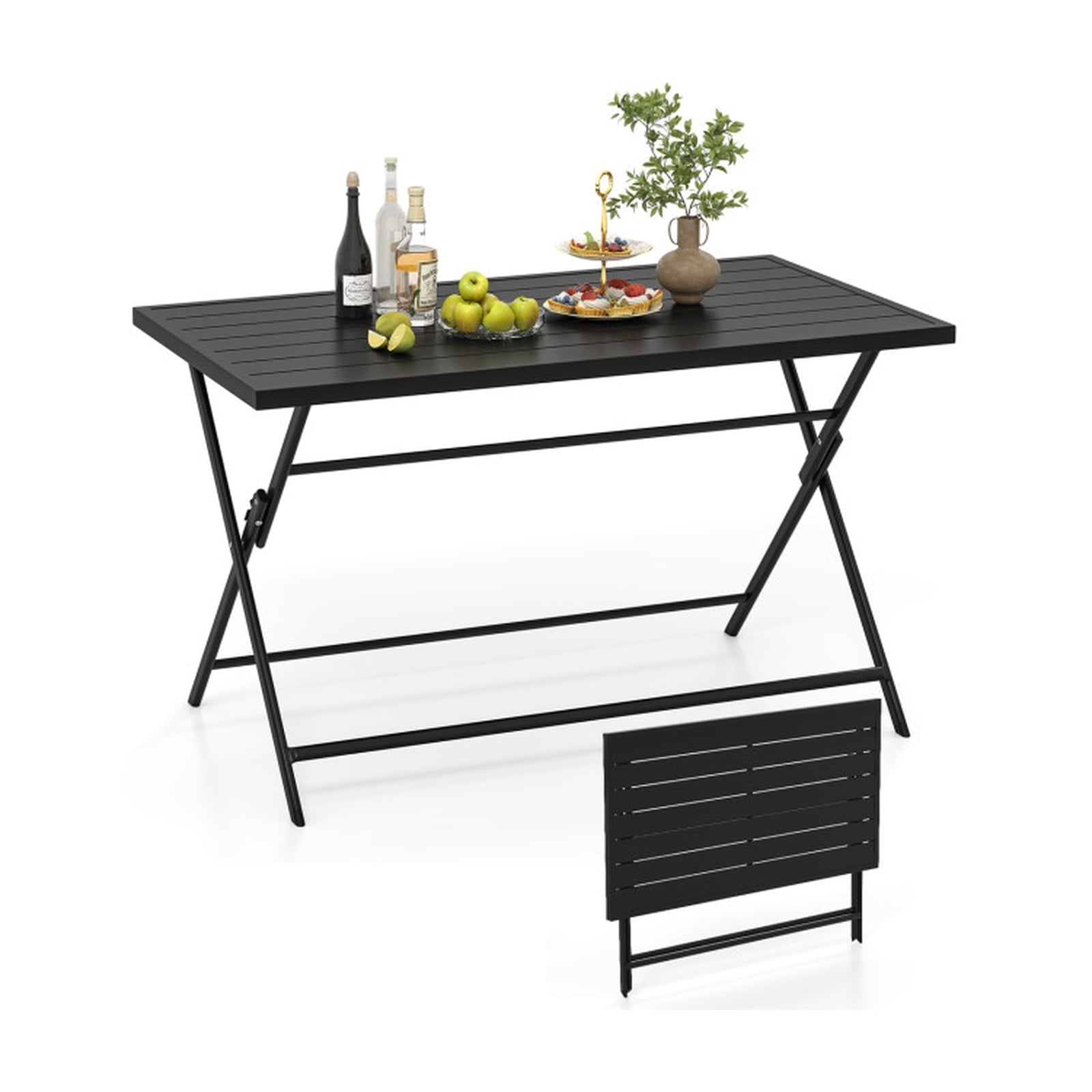 Biotree Foldable Outdoor Dining Table 48inch x 30inch Rectangular Metal Patio Table with Slatted Tabletop, Dark Brown