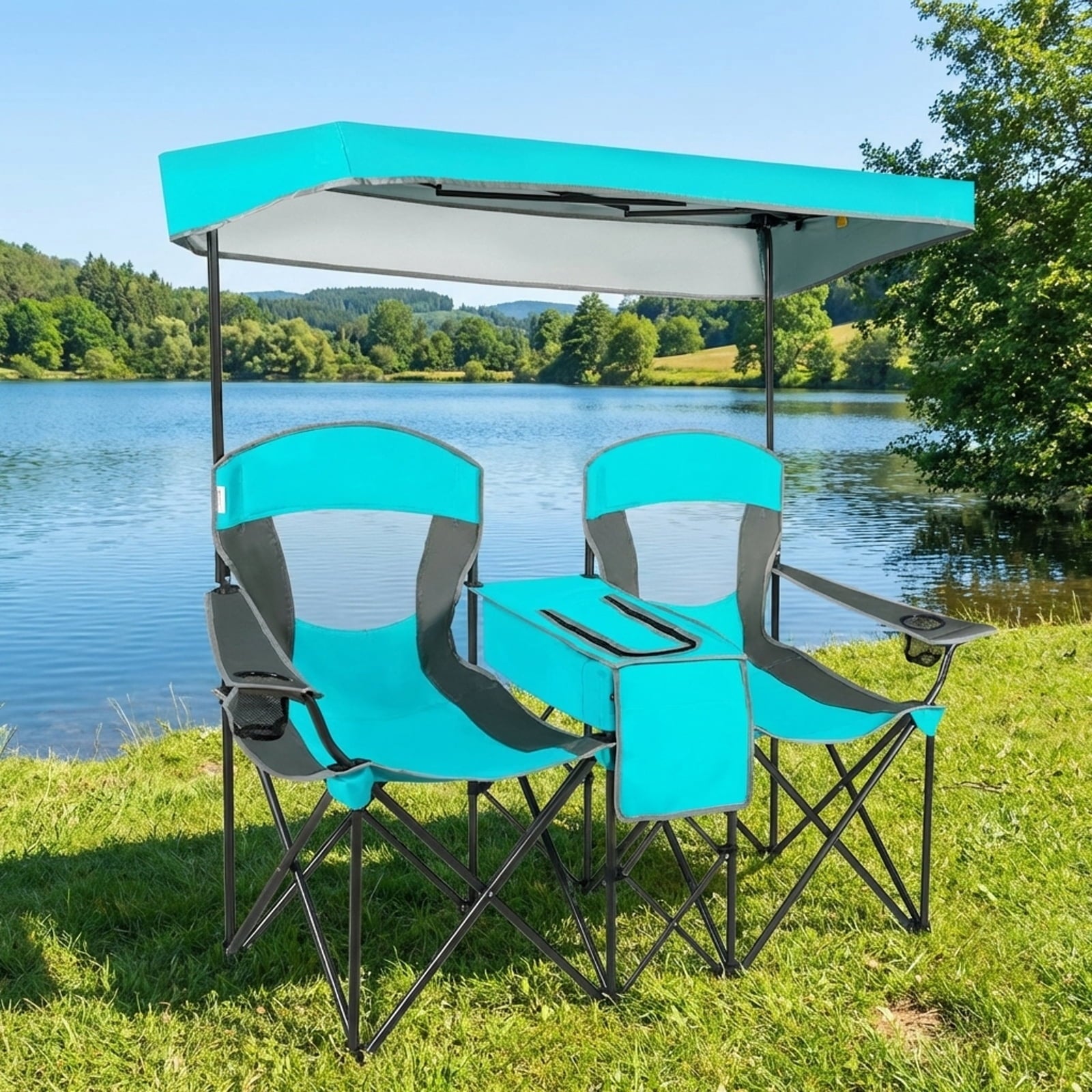 Biotree Folding Camping Chair with Sun Shade Canopy and Cup Holder for Beach Tailgating Outdoor Events, Turquoise
