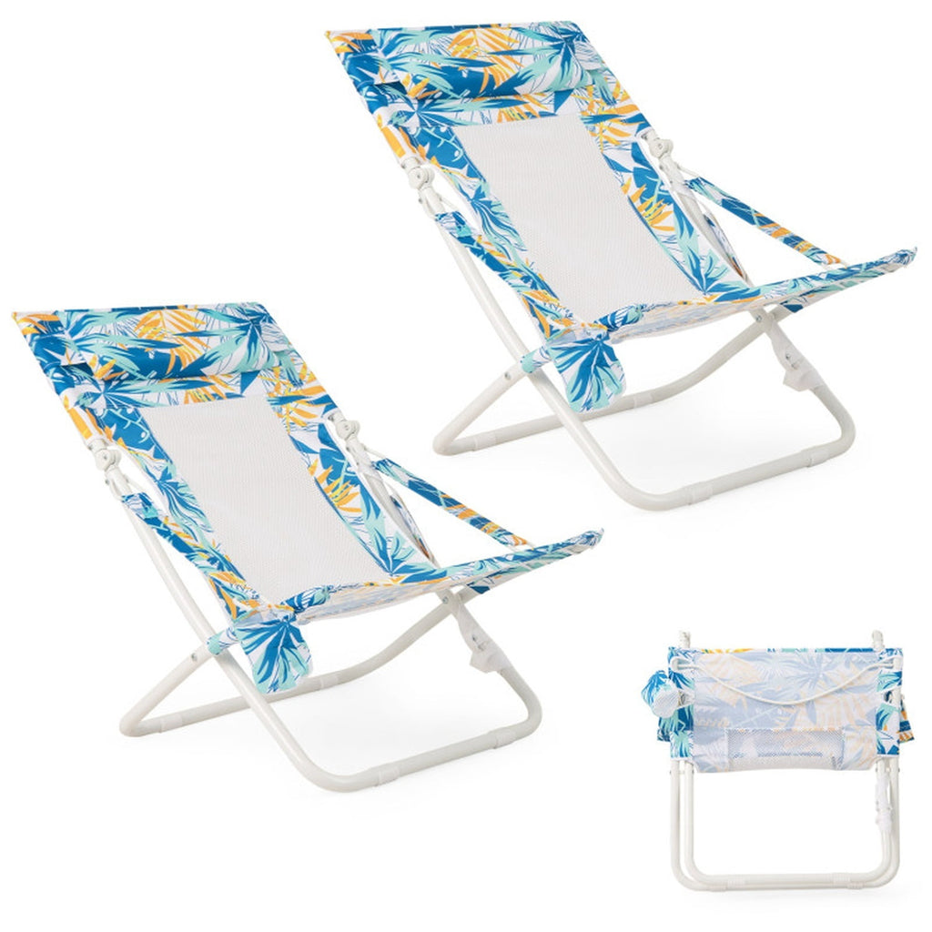 Biotree Folding Low Beach Chair Set of 2 Patio Sling Chairs with Padded Head Pillow Stackable Patio Chair for Garden BackyardBlue