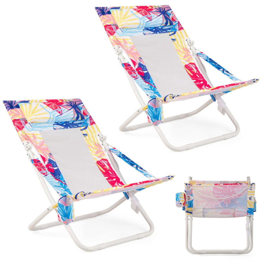 Biotree Folding Low Beach Chair Set of 2 Patio Sling Chairs with Padded Head Pillow Stackable Patio Chair for Garden BackyardPink