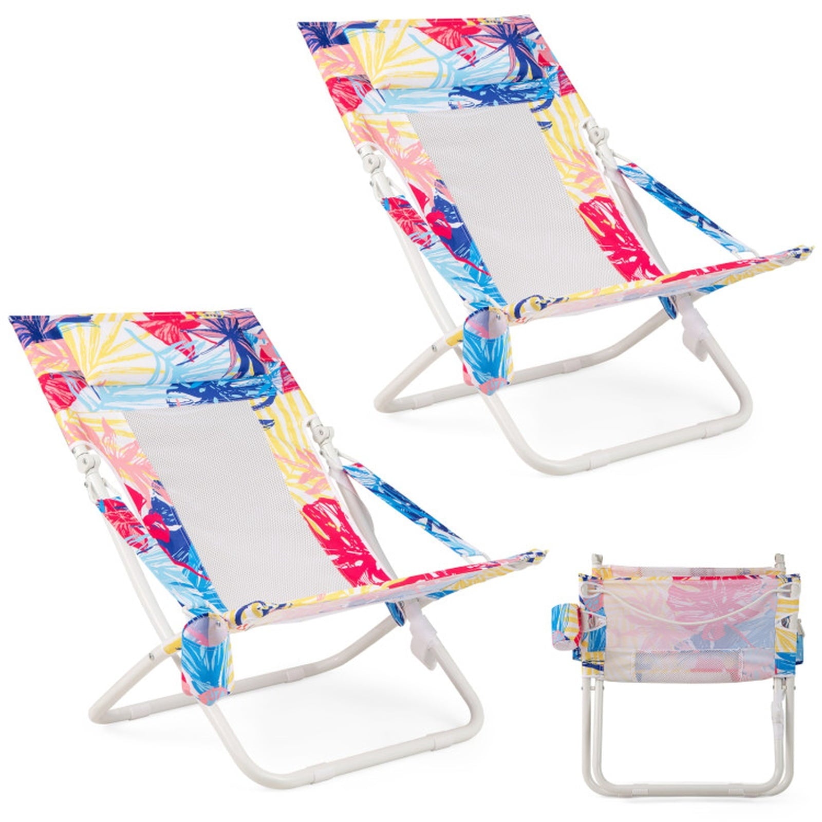 Biotree Folding Low Beach Chair Set of 2 Patio Sling Chairs with Padded Head Pillow Stackable Patio Chair for Garden BackyardPink