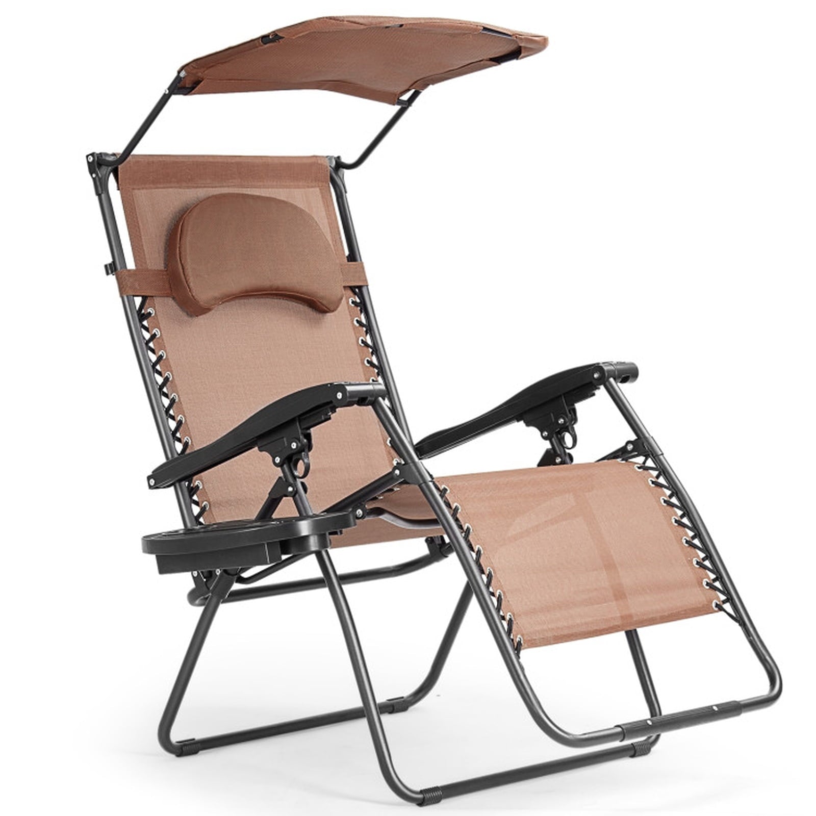 Biotree Folding Recliner Lounge Chair with Shade Canopy Cup Holder Stackable Patio Chair for Garden BackyardBrown