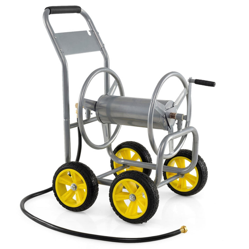 Biotree Garden Hose Reel Cart 4 Wheels Heavy-Duty Metal Water Hose Organizer Portable for Garden Yard Lawn Watering Outdoor, Silver