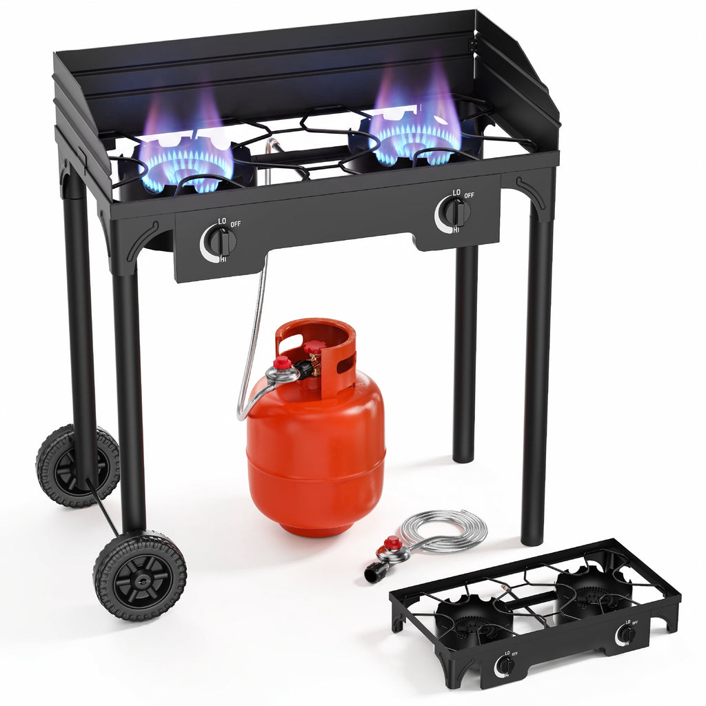Biotree 2 Burner Outdoor Propane Gas Stove with 2 Wheels Wind Panel, 15,0000 BTU Camping Stove with Adjustable PSI Regulator and 4ft Hose With Removable Legs for Cooking BBQ Home