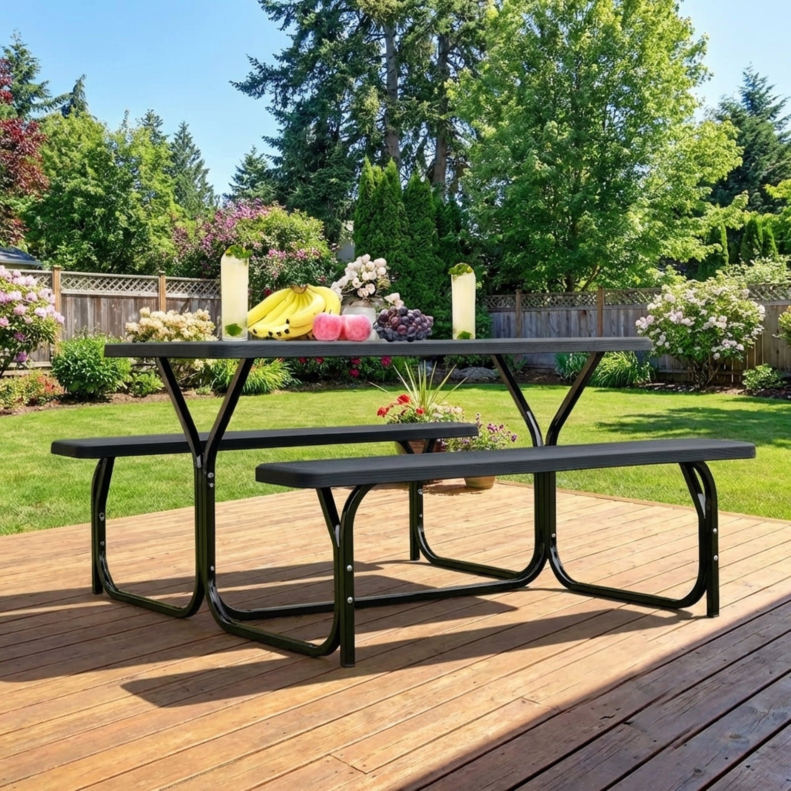 Biotree HDPE Outdoor Picnic Table and Bench Set-Black