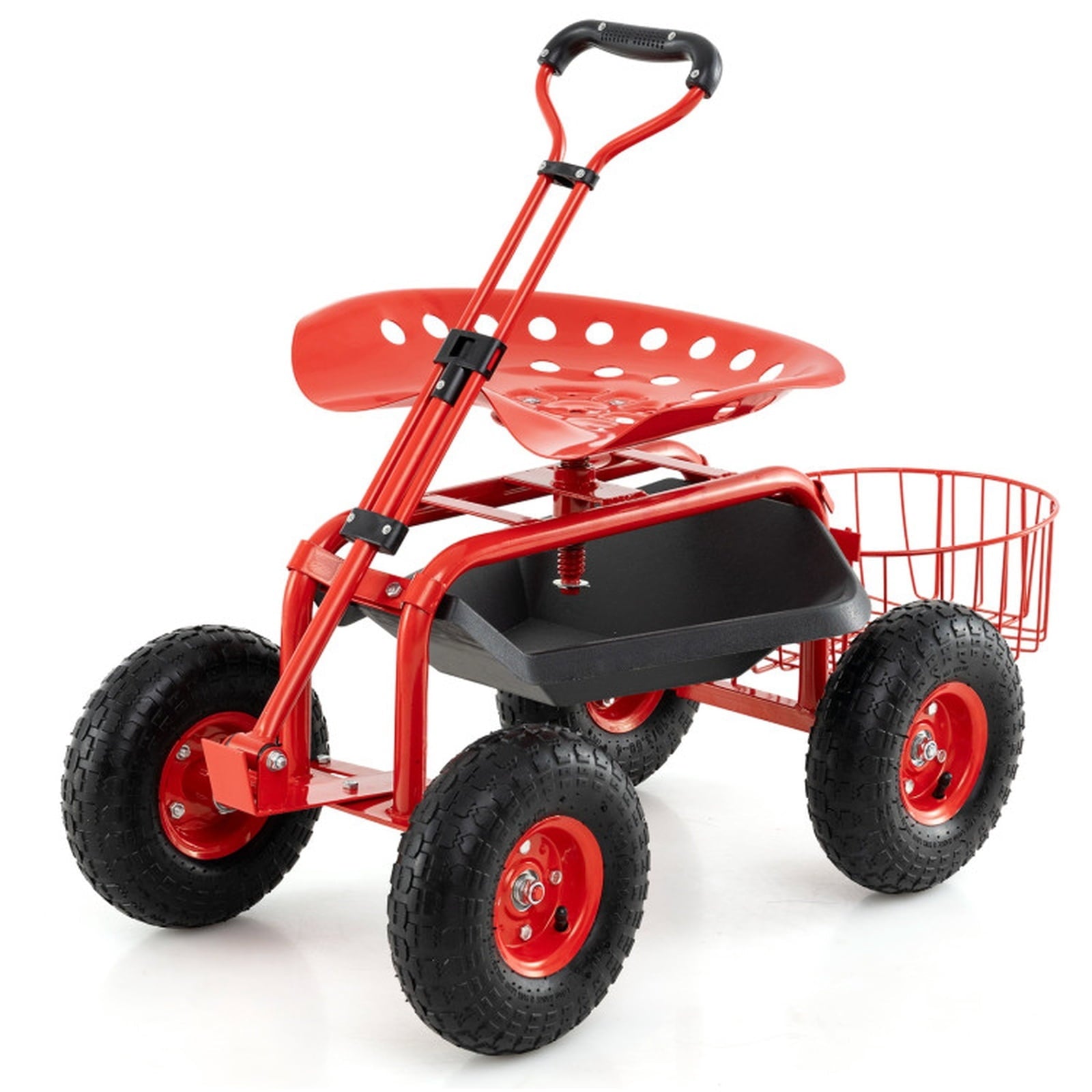 Biotree Heavy Duty Garden Cart with Tool Tray and 360 Swivel Seat for Garden Yard Lawn Work Outdoor, Red