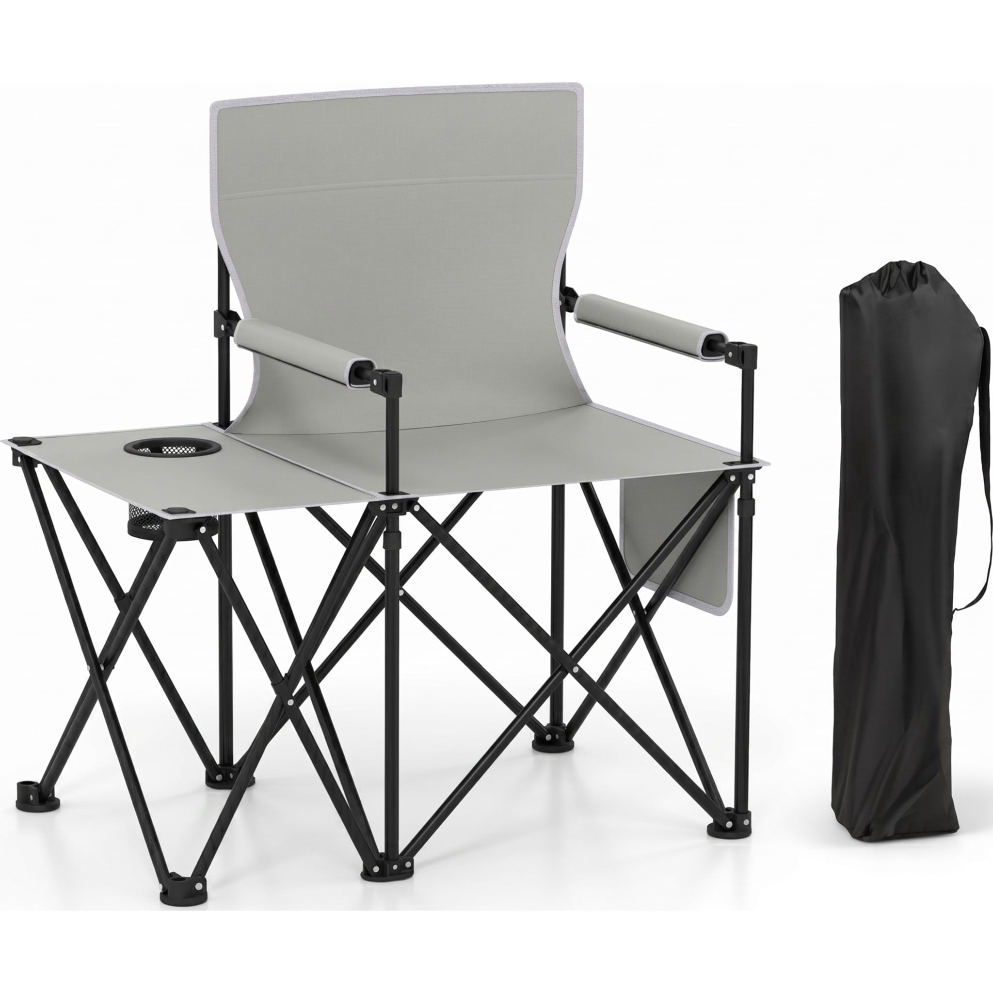 Biotree Heavy Duty Oversized Folding Camping Chair with Side Table and Storage Pockets Portable Outdoor Chair for Adults, Gray