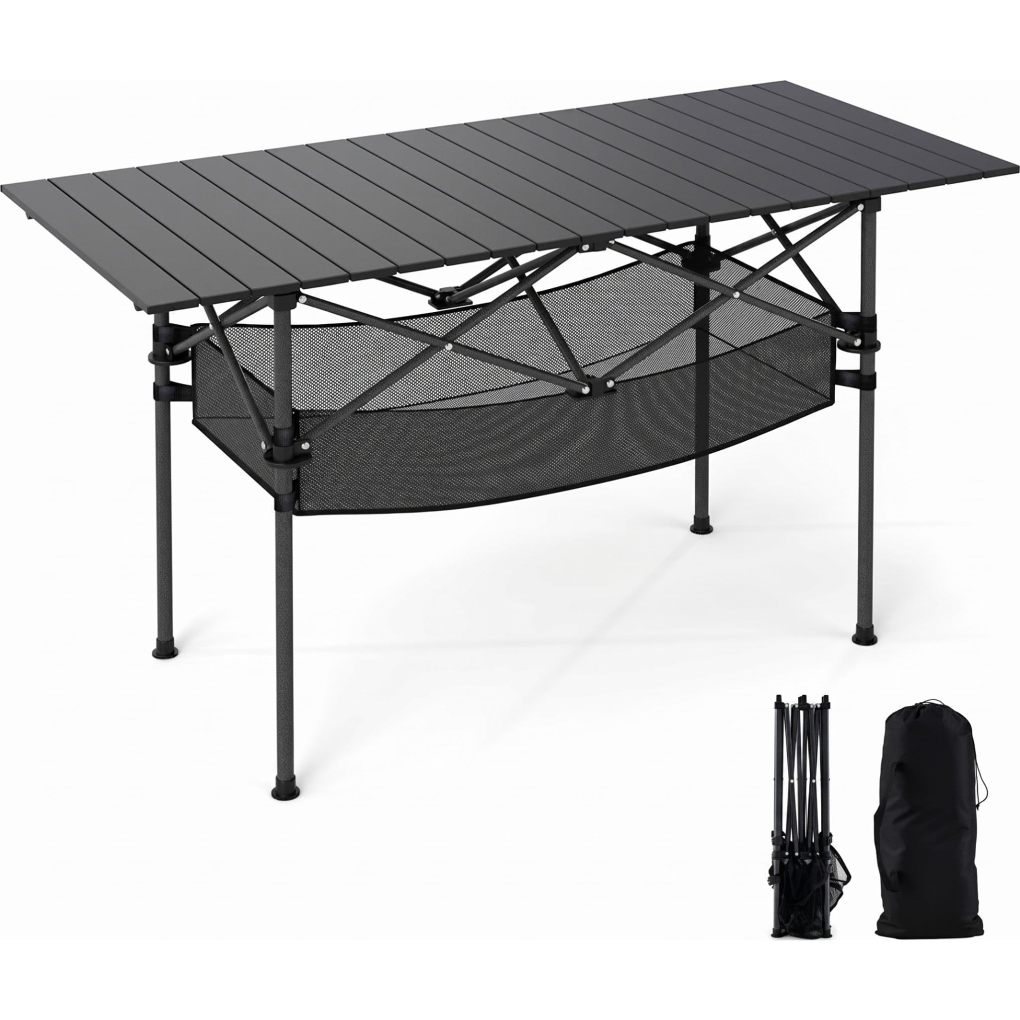 Biotree Patio Folding Camping Table with Roll-Up Tabletop and Mesh Basket Portable Outdoor Table with Storage, Black