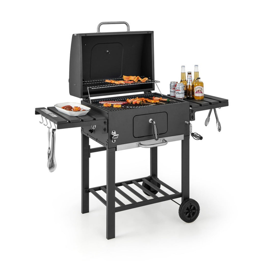 Biotree Outdoor BBQ Charcoal Grill with 2 Foldable Side Table and Wheels for Outdoor Backyard Camping Patio BBQ, Black