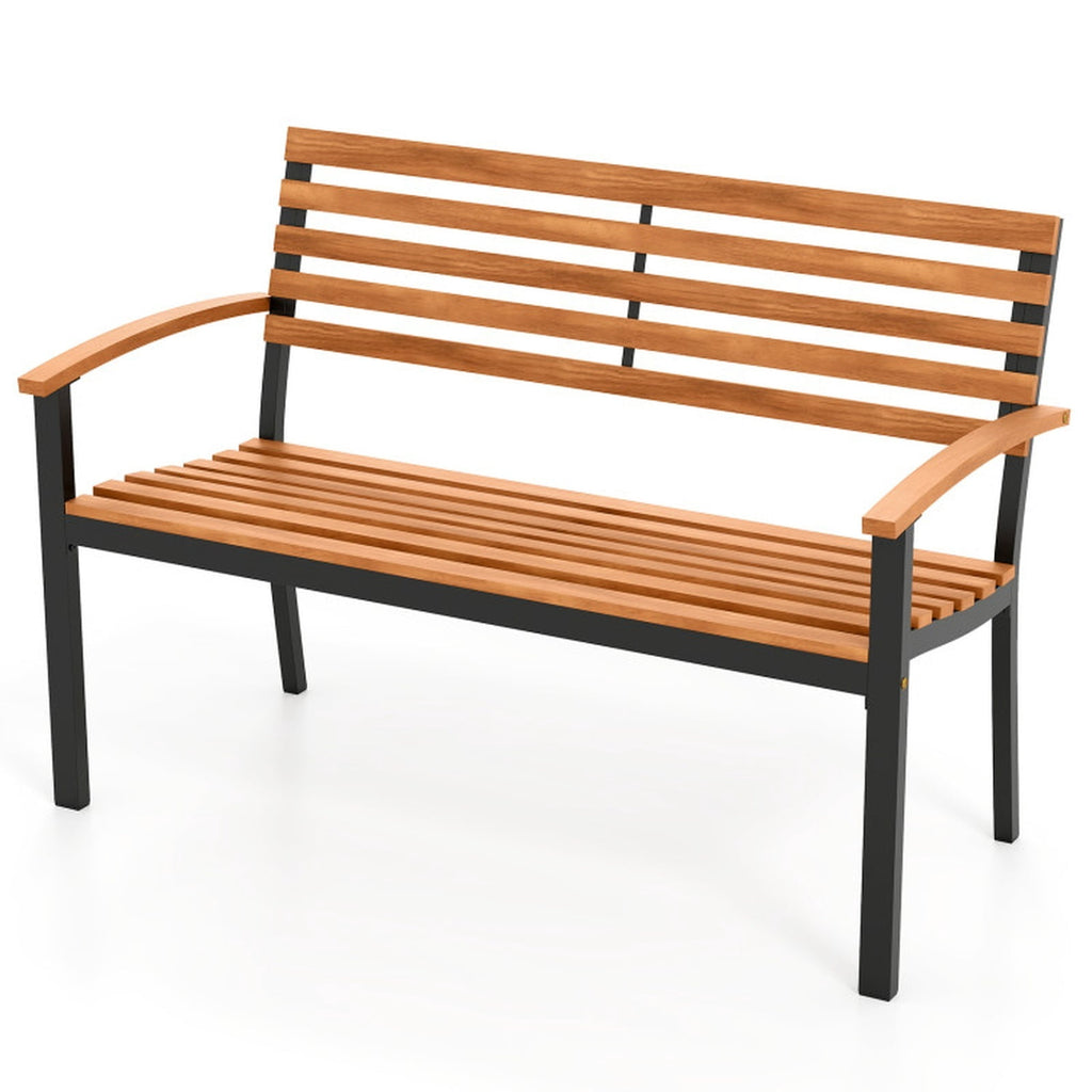 Biotree Outdoor Bench Acacia Wood Patio Loveseat with Backrest Armrests Stackable Patio Chair for Garden BackyardBlack + Natural
