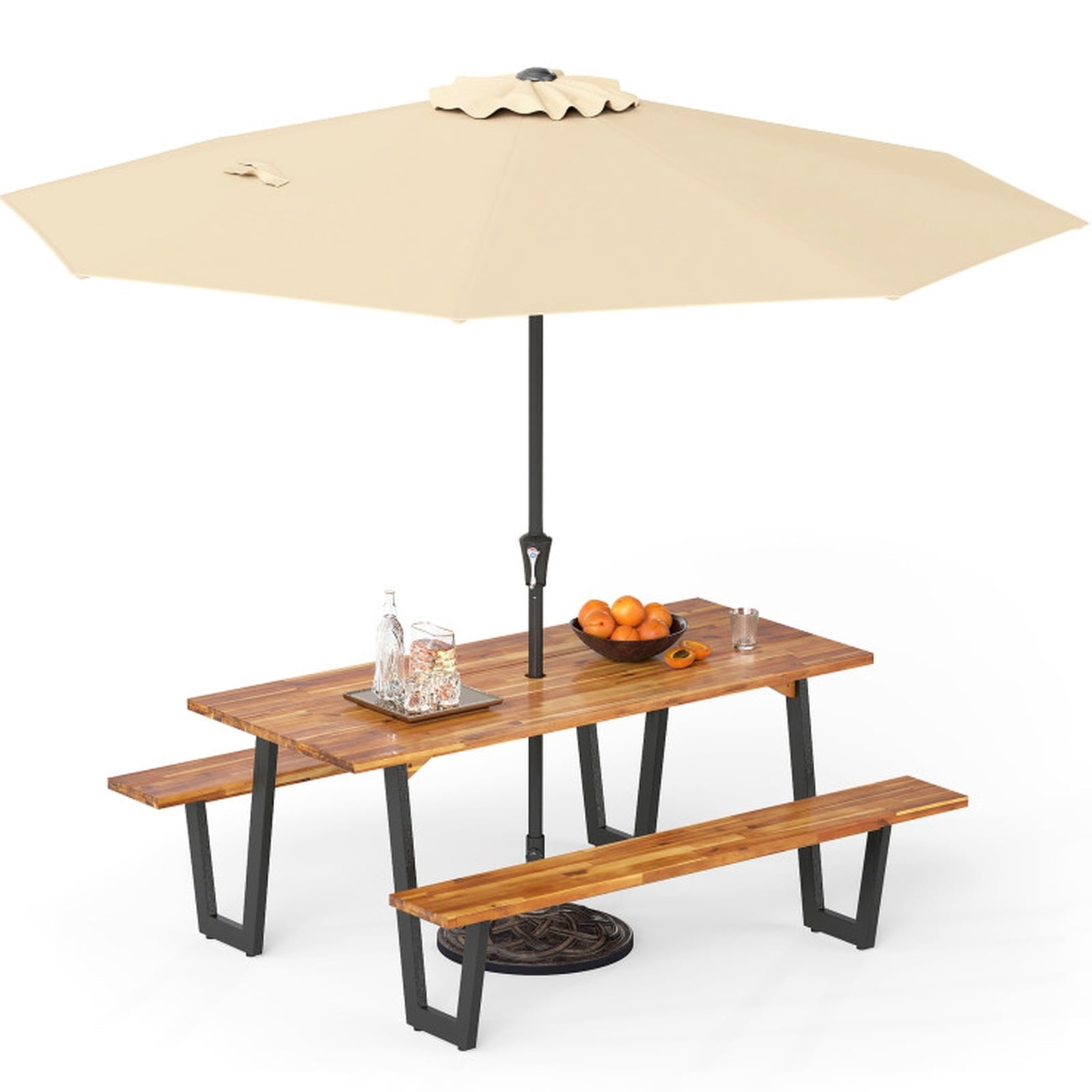 Biotree Outdoor Dining Table Set for 6 with 10 Feet Umbrella and Base, Black