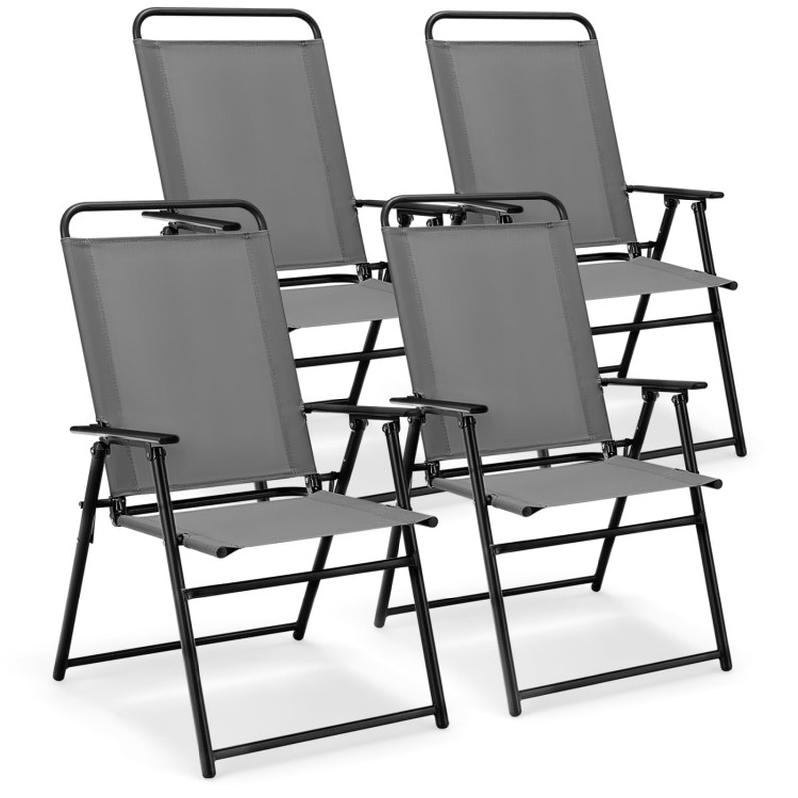 Biotree Outdoor Folding Sling Chairs Set of 4 with Armrest and Backrest Stackable Patio Chair for Garden BackyardGray
