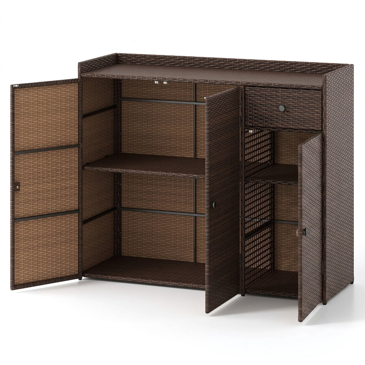 Biotree Outdoor PE Wicker Storage Cabinet with 3 Doors, Weatherproof Rattan Deck Box with Countertop, Adjustable Shelves Drawer for Patio Garden Deck, Brown