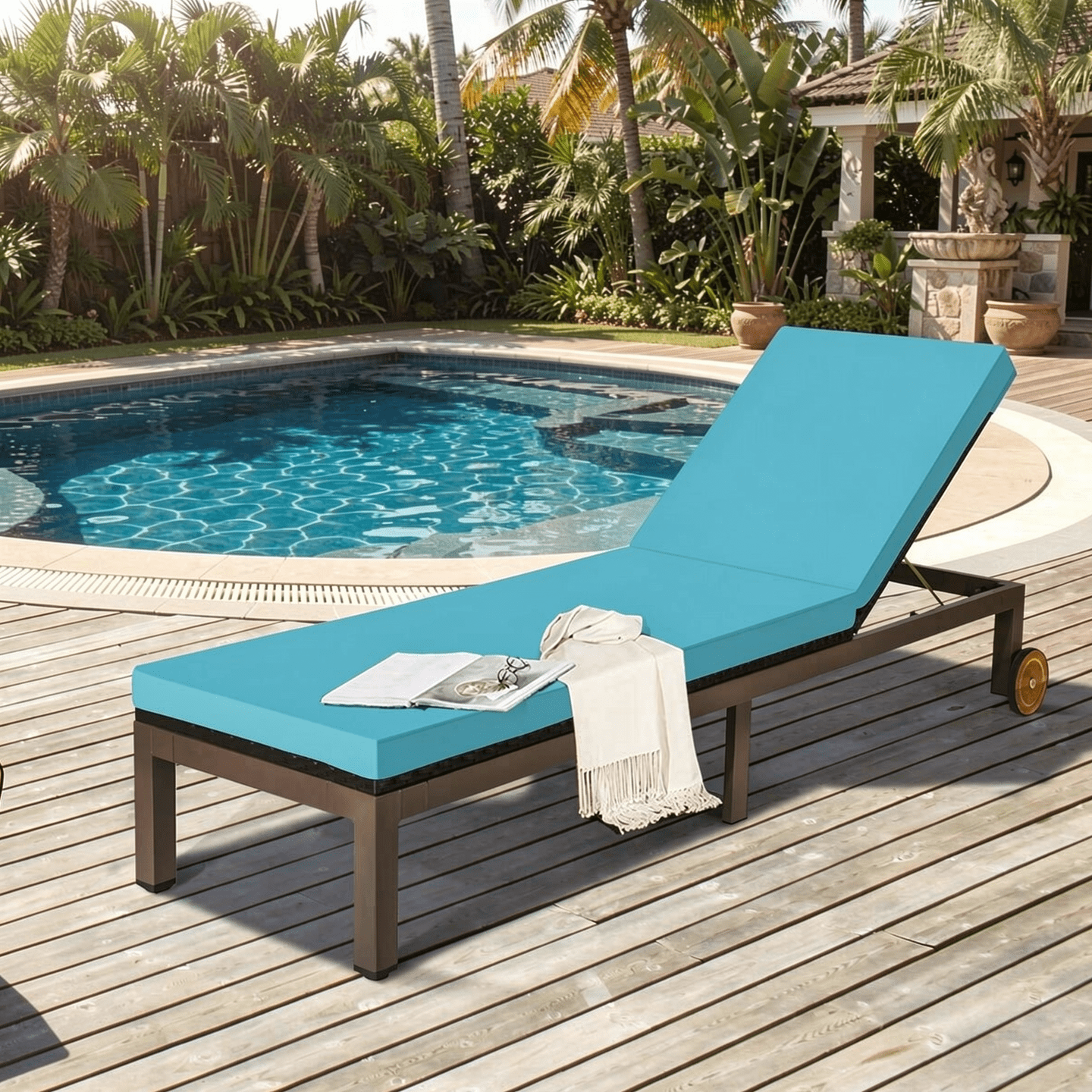 Biotree Outdoor Rattan Chaise Lounge Recliner-Turquoise