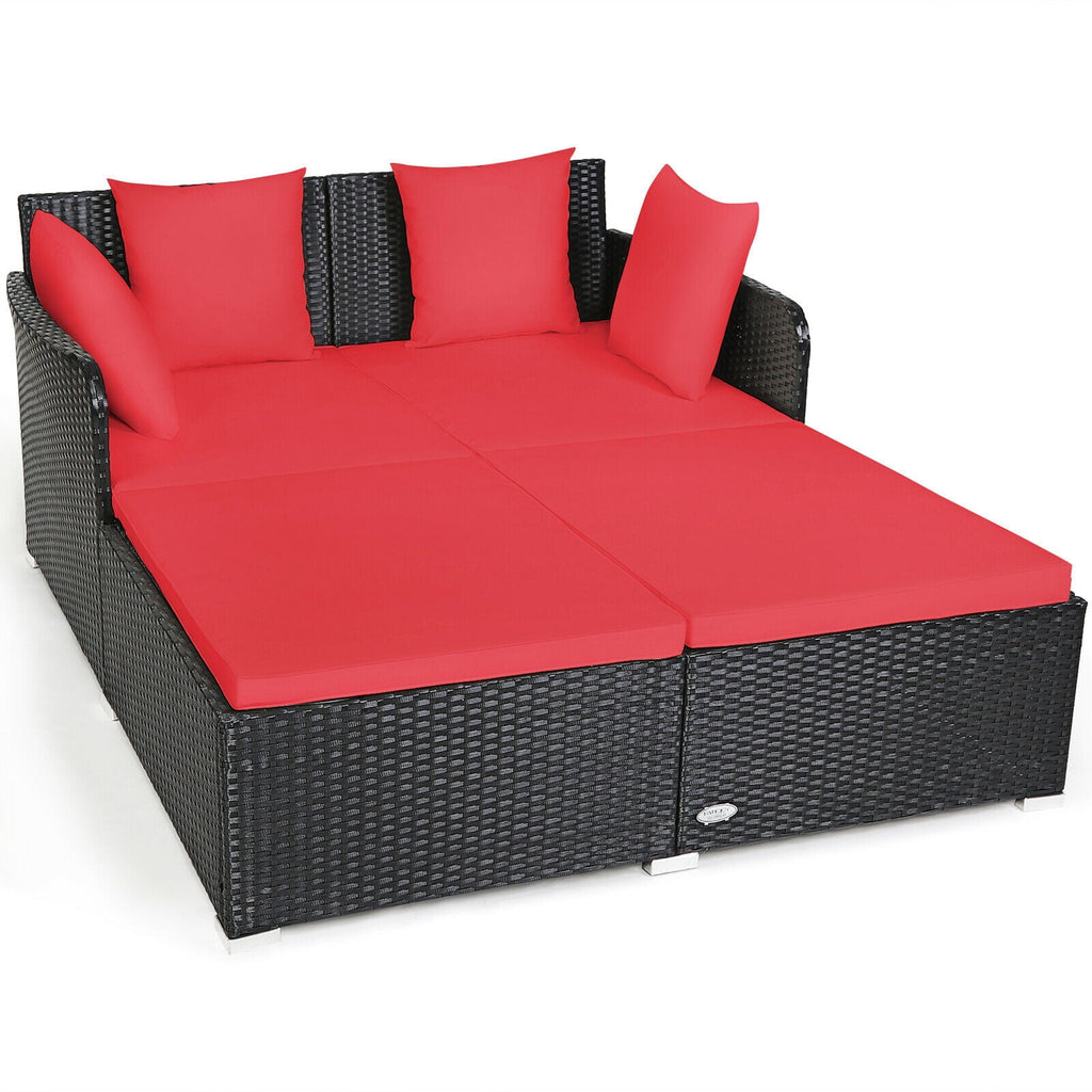 Biotree Outdoor Rattan Daybed with Cushions and Pillows-Red